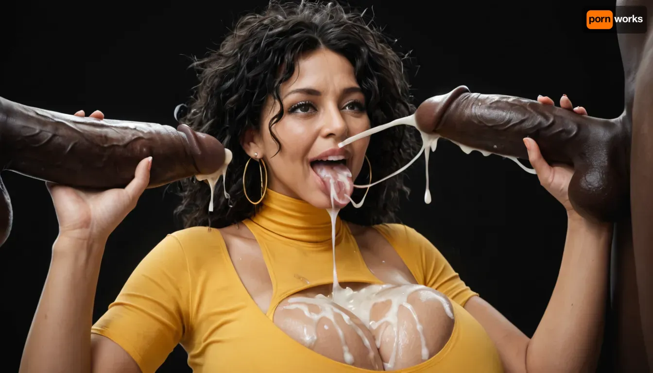 white curvy black african woman, long straight black hair, messy hair, (milf:1.2), dark eyes, yellow spandex top with turtleneck, massive breasts, amused, surprised, happy, licking the head of a massive cock of a black african male with a gigantic thick 25 inch penis, huge erection, handjob, cumshot on tongue, (ejaculation:1.2), excessive cum on breasts, cum on tongue, cum dripping from tongue, black room, black background.