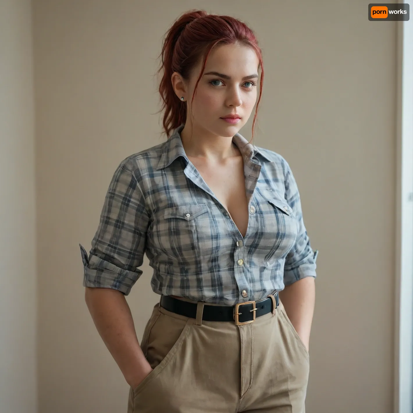 Chubby, a large young woman, is wearing a plaid shirt with the sleeves rolled up to her forearms. Grey military trousers, (wide waist belt), . The woman's arms and legs are tightly tied with ropes to the chair. She looks at me with hatred, a very angry look from under her brows. Very large hanging breasts.The shoulders are very wide. Short red hair, very wet, bangs, ponytail. The body is plump. Very strong, muscular forearms. Powerful and strong shoulders. A mouth with wide fleshy lips.