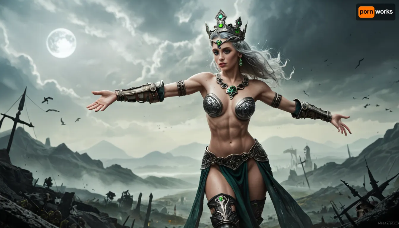 This is a digitally created fantasy artwork depicting a powerful, nude female sorceress standing confidently at the center. She has pale skin, long silver hair, and wears a metallic, crown-like headpiece. Her arms are outstretched, and she is surrounded by swirling green magical energy. Her breasts are medium-sized, and her physique is slender yet toned. She is adorned with intricate, black, armor-like thigh guards and a matching loincloth that is barely visible.

In the background, the sky is dark and cloudy, with a bright full moon casting an eerie glow. To her left, a skeletal figure with a twisted, gnarled appearance and a skeletal arm raised in a threatening gesture is partially visible. To her right, a tall, muscular, humanoid figure with a skull-like face and a massive axe stands menacingly. Another skull is floating near the bottom left, with dark, misty tendrils extending from it.

The color palette is dominated by green, and gray tones, creating a dark, mystical atmosphere. The textures in the image are highly detailed, with the sorceress's skin and hair appearing smooth, while the background elements are more rugged and eerie. The overall style is reminiscent of dark fantasy and gothic art.