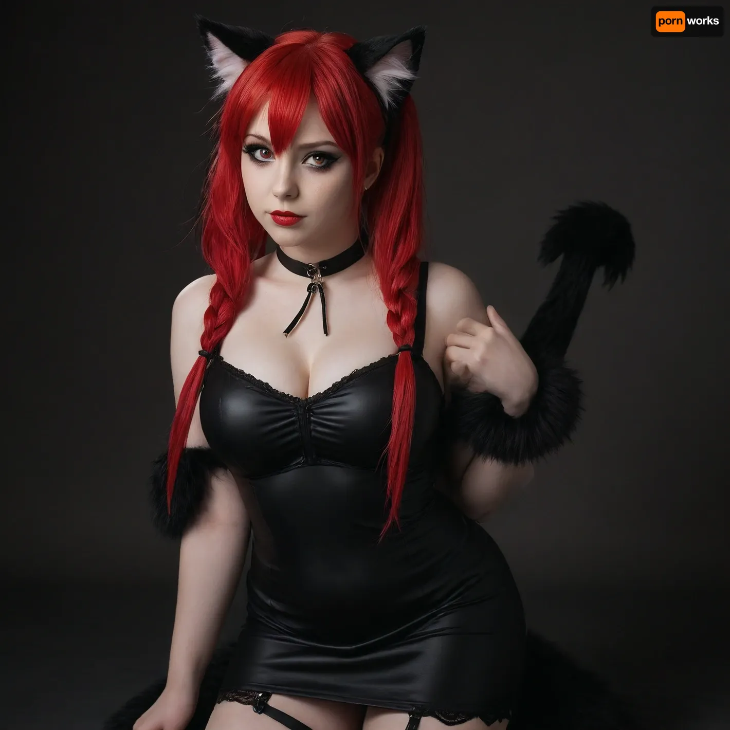 anthropomorphic furry catgirl, red eyes, normal breast, chubby body, normal body, fur sexy pose, cat tail, animal ear, [cat tail], cat ears, red hair, twin tails, keep the art style of isla, long hair, pikkyisla, (goth clothes), chocker