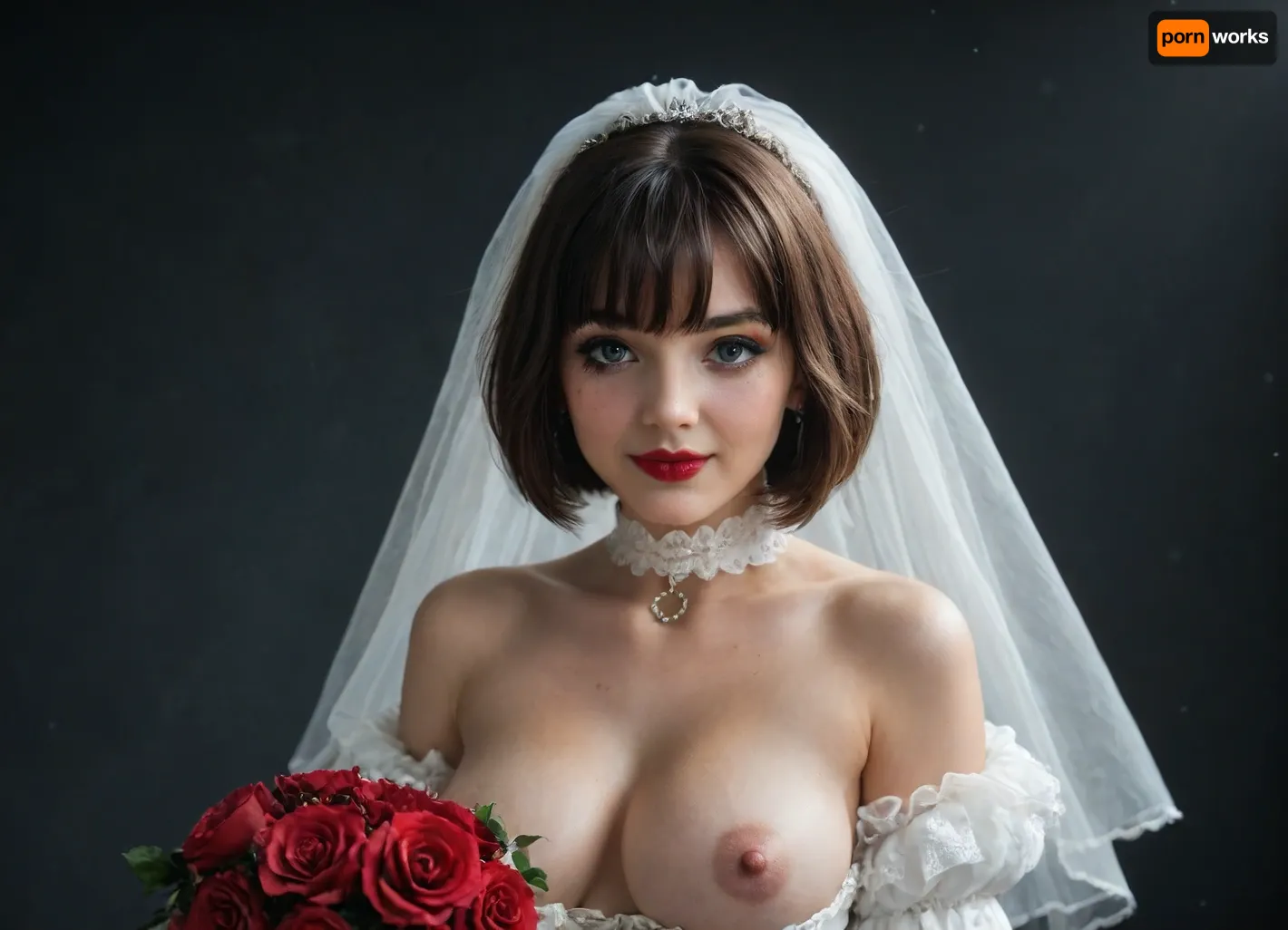 Emo girl, girl 25 years old, brown hair, (bob cut with bangs:1.5), smile, Blue eyes, goth girl, goth makeup, red lipstick, cat eye makeup, smudged makeup, nude tits, topless, big slaggy breasts, milky breasts, beautiful breasts, big nipples, erect nipples, snow white wedding dress, juliet sleeves, white choker, gold jewelry, happy, white veil, (black background), (3/4 view), white corset, One Beautyful bride in white gown with frosted red berries print at Long sleeves, veil with Silver Snowflakes application. Winter white coat with Fake fur. Sparkle, Bokeh. Roses and berries Bouquet and Archway. Outdoor, Aurora, Ethereal., cinematic shot, dynamic lighting, 75mm, Technicolor, Panavision, cinemascope, sharp focus, fine details, 8k, HDR, realism, realistic, key visual, film still, cinematic color grading, depth of field.

Overall, it's an absolute world-class cinematic masterpiece. It's an aesthetically pleasing cinematic shot with impeccable attention to detail and impressive composition., <lora:Harness_Straps_sdxl:2>