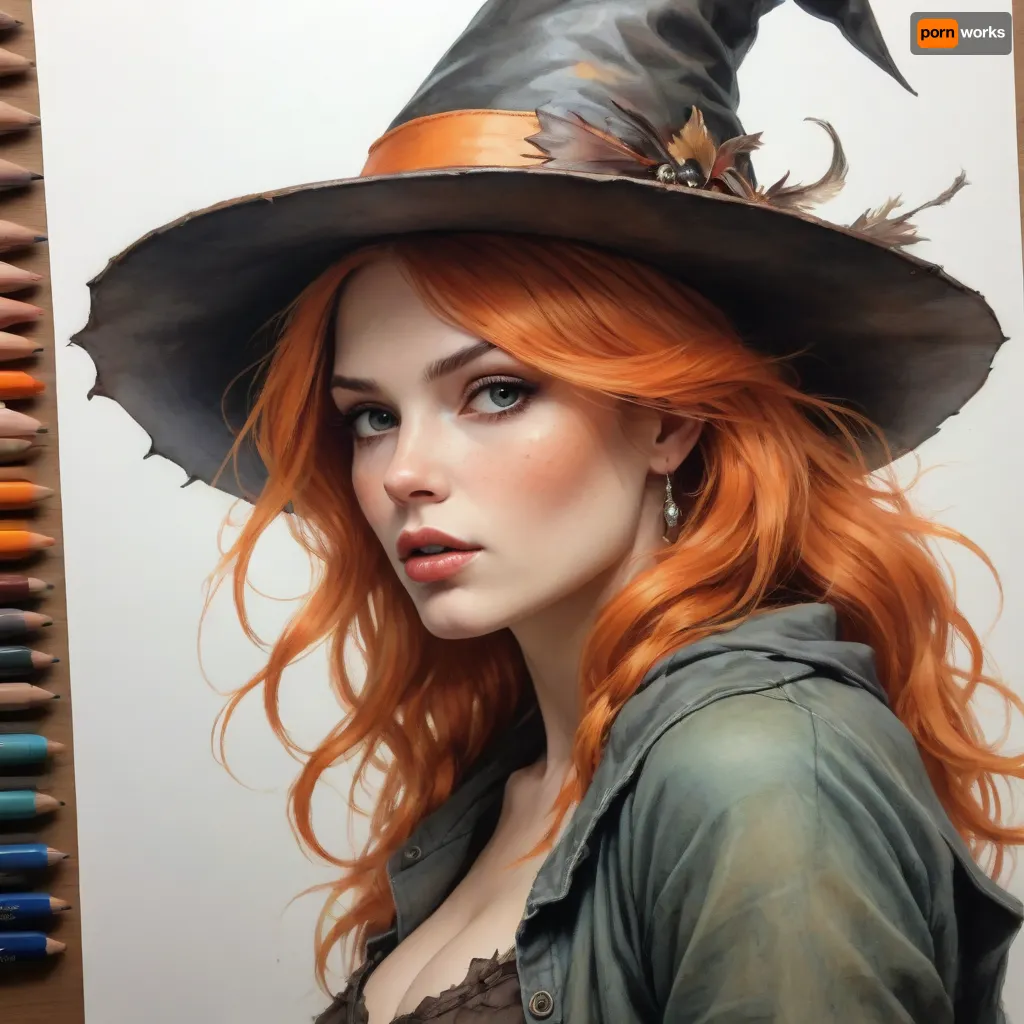 woman, Fashion sketch, fashion concept art of a, ((high-quality drawing with colored pencils)), natural busty Halloween witch with a nontraditional witch hat and orange hair, full portrait, pinup style, intricate details, (((high quality sketch details Jean Baptiste Monge))), Carne Griffiths, Michael Garmash woman, Fashion sketch, fashion concept art of a, ((high-quality drawing with colored pencils)), natural busty Halloween witch with a nontraditional witch hat and orange hair, full portrait, pinup style, intricate details, (((high quality sketch details Jean Baptiste Monge))), Carne Griffiths, Michael Garmash