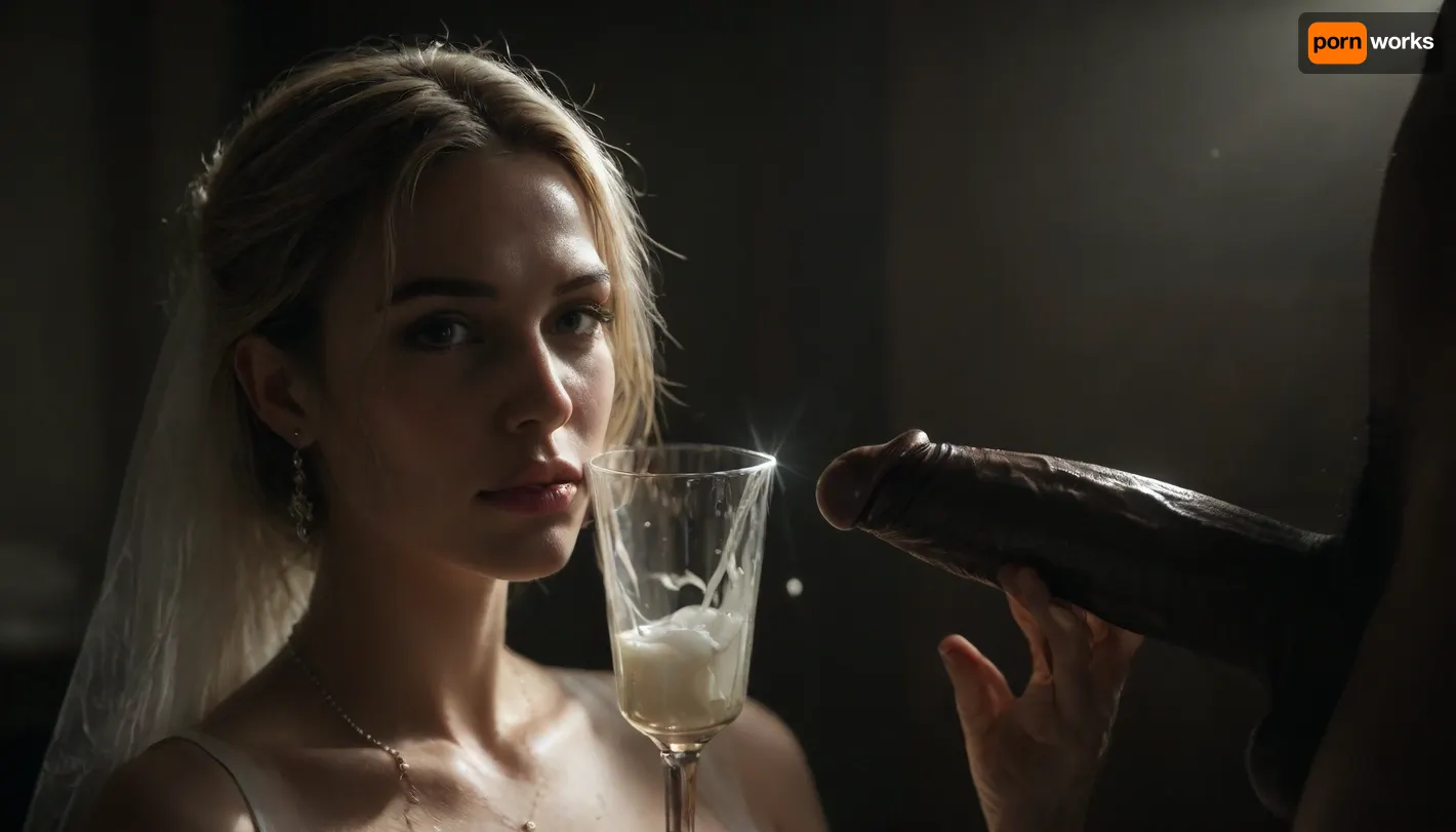 (((UHD 8K, masterpiece, best quality, maximum details, natural lighting, extreme realism))), score_9, score_8_up, score_7_up, score_6_up, professional colored photography, raytracing, highres, ((super detailed professional photo)), masterpiece, photorealism, DSLR camera, best quality, best resolution, with UHD resolution, perfect composition of light and shadow, sharp focus, depth of field, perfectly detailed skin texture, perfect detail, interracial, very large black penis, The happy white blonde bride in sexy wedding dress, cum driping bride's chain' cum driping from black penis, drinking sperm from transparent cup, there is glossy and sticky sperm in cup, cup full of sperm, cum swallowing, ((gokkun)), cum dripping from the corners of her lips, <lora:671410_training_data:.8>, <lora:dark:.5>, <lora:677862_training_data:.8>