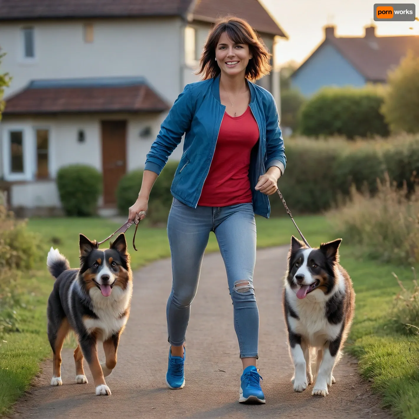 cinematic view of full body of one woman 40 year old, (dark hair, medium-length bob with bangs), woman is playing with her dog on country lane, weather is sunset in summer, litle smiling or laughing, brune with litle Highlights in hair, large breast, generous breast, wear open detailed sport jacket, detailed, detailed shirt few red and blue, detailed long sport short black and litle blue, large circle earring, no makeup, perfect smokey eye, large necklace, running shoes, engagement ring, alliance, Wedding ring, in front of small french house, The woman run gracefully with dog Australian Shepherd, perfect lips, 8k, back view, perfect fingers, HDR photo, best quality, ultra-detailed, masterpiece, finely detail, highres, 8k wallpaper, photorealistic, perfect illumination, best shadow, best shot, soft lighting, bhands, little hands, perfect eyes, Raw photo, 8k uhd, high quality, high resolution, professional photography, photorealism, realistic 4k epic detail, shot on kodak, 35mm photo, sharp focus, high budget, cinemascope, moody, epic, gorgeous, film grain, grainy, score_9, score_8_up, score_7_up, rating, explicit