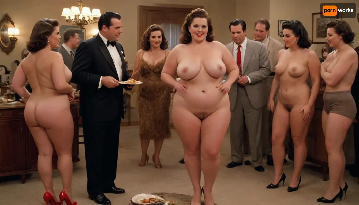 Side view, 1950s photography, wife swap party, Drama, Looking, to, the, side, Living Room, smirking, brown Coiffured hair tubby, fully nude, big bosom and big buttocks, large hairy vagina, ((The rest of the men in the scene are fully dressed in 1950s outfits.)), ((the other women are in various states of disrobing)), The nude BBW female hostess is serving a plate of appetizers., ((BBW:1.6)), ((full body view)), ((high heels)), <lora:1950s_Photography_XL_V1:.8>, <lora:Sitcom_Drama_Style:.8>
