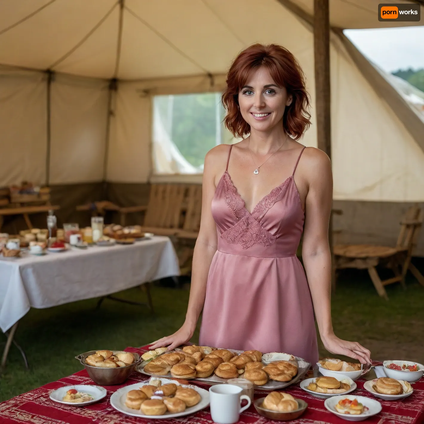 cinematic view of full body woman 40 year old, woman is redhead, short hair, woman standing in front of table Prepare french breakfast Pastries on table, in front of small family tent outside, hour is 7AM, litle smiling or laughing, detailed satin nightgown, detailed skin, large circle earring, no makeup, perfect smokey eye, large necklace, engagement ring, alliance, Wedding ring, Australian Shepherd dog is sleeping on carpet, perfect lips, 8k, perfect fingers, HDR photo, best quality, ultra-detailed, masterpiece, finely detail, highres, 8k wallpaper, photorealistic, perfect illumination, best shadow, best shot, soft lighting, bhands, little hands, perfect eyes, Raw photo, 8k uhd, high quality, high resolution, professional photography, photorealism, realistic 4k epic detail, shot on kodak, 35mm photo, sharp focus, high budget, cinemascope, moody, epic, gorgeous, film grain, grainy, score_9, score_8_up, score_7_up, rating, explicit, view full body