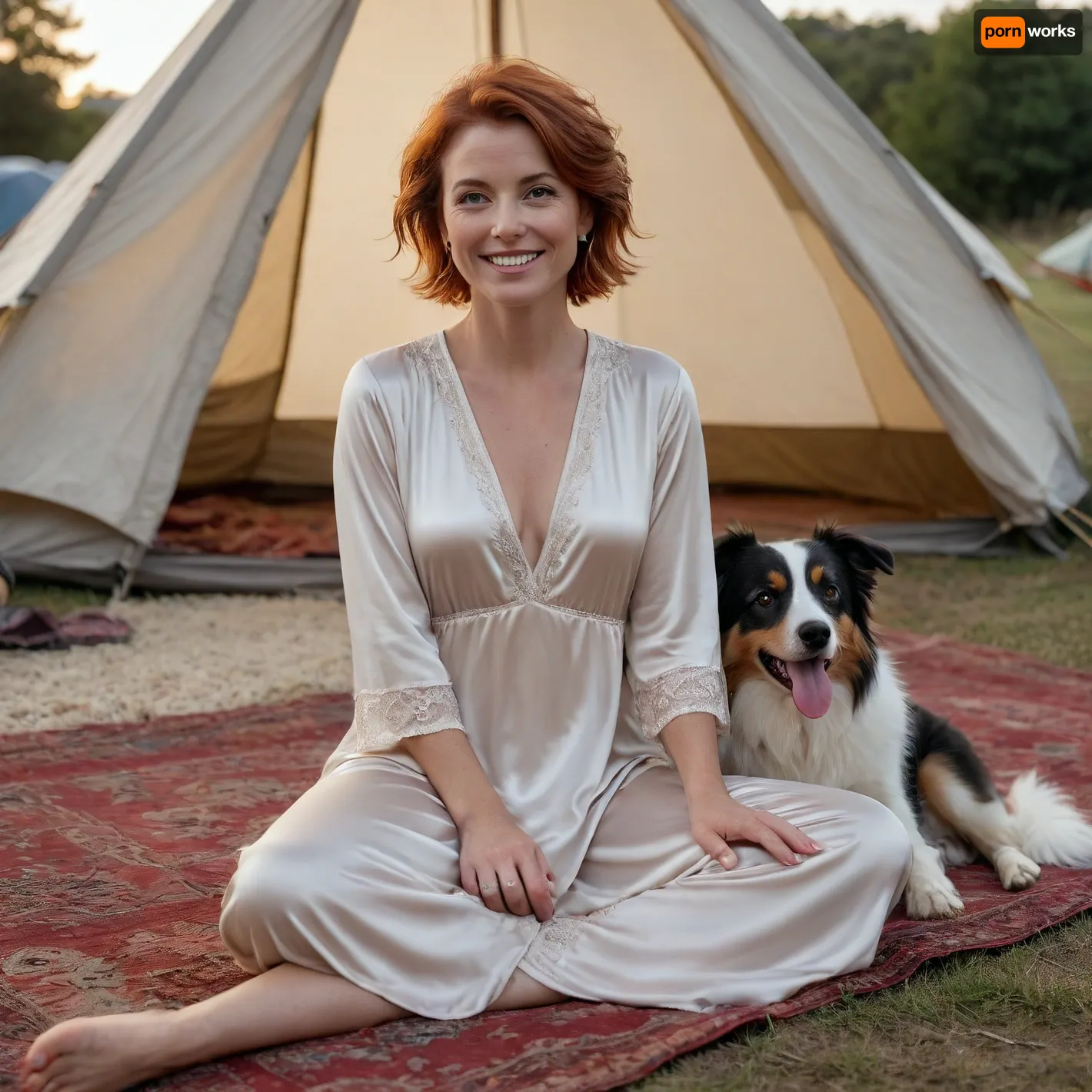 cinematic view of full body woman 40 year old, woman is redhead, short hair, in front of small tent outside, hour is 7AM, litle smiling or laughing, detailed satin nightgown, detailed skin, large circle earring, no makeup, perfect smokey eye, large necklace, engagement ring, alliance, Wedding ring, Australian Shepherd dog is sleeping on carpet, perfect lips, 8k, perfect fingers, HDR photo, best quality, ultra-detailed, masterpiece, finely detail, highres, 8k wallpaper, photorealistic, perfect illumination, best shadow, best shot, soft lighting, bhands, little hands, perfect eyes, Raw photo, 8k uhd, high quality, high resolution, professional photography, photorealism, realistic 4k epic detail, shot on kodak, 35mm photo, sharp focus, high budget, cinemascope, moody, epic, gorgeous, film grain, grainy, score_9, score_8_up, score_7_up, rating, explicit, view full body