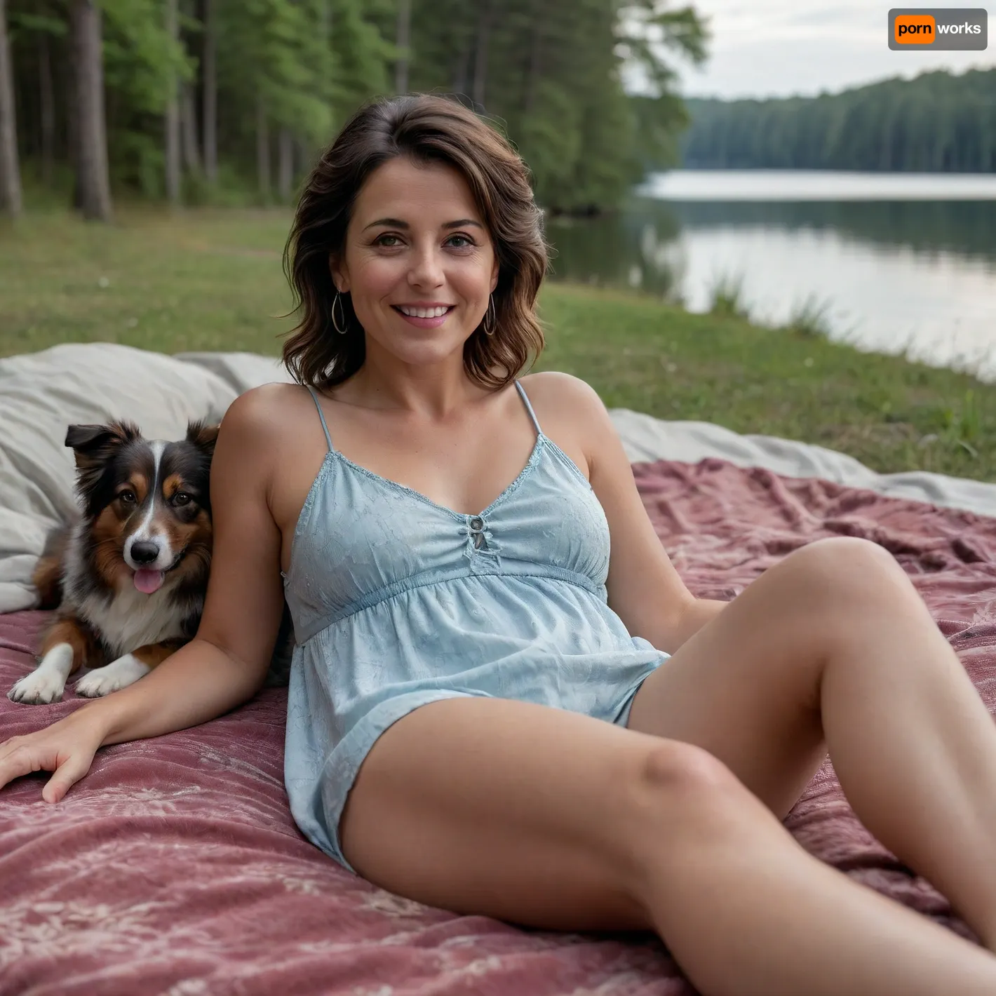 cinematic view of full body woman 40 year old, woman is brune hair, short hair, in front of AIRBED outside, betwin lake and forrest, litle smiling or laughing, detailed satin nightgown, detailed skin, large circle earring, no makeup, perfect smokey eye, large necklace, engagement ring, alliance, Wedding ring, Australian Shepherd dog is sleeping on carpet, perfect lips, 8k, perfect fingers, HDR photo, best quality, ultra-detailed, masterpiece, finely detail, highres, 8k wallpaper, photorealistic, perfect illumination, best shadow, best shot, soft lighting, bhands, little hands, perfect eyes, Raw photo, 8k uhd, high quality, high resolution, professional photography, photorealism, realistic 4k epic detail, shot on kodak, 35mm photo, sharp focus, high budget, cinemascope, moody, epic, gorgeous, film grain, grainy, score_9, score_8_up, score_7_up, rating, explicit, view full body