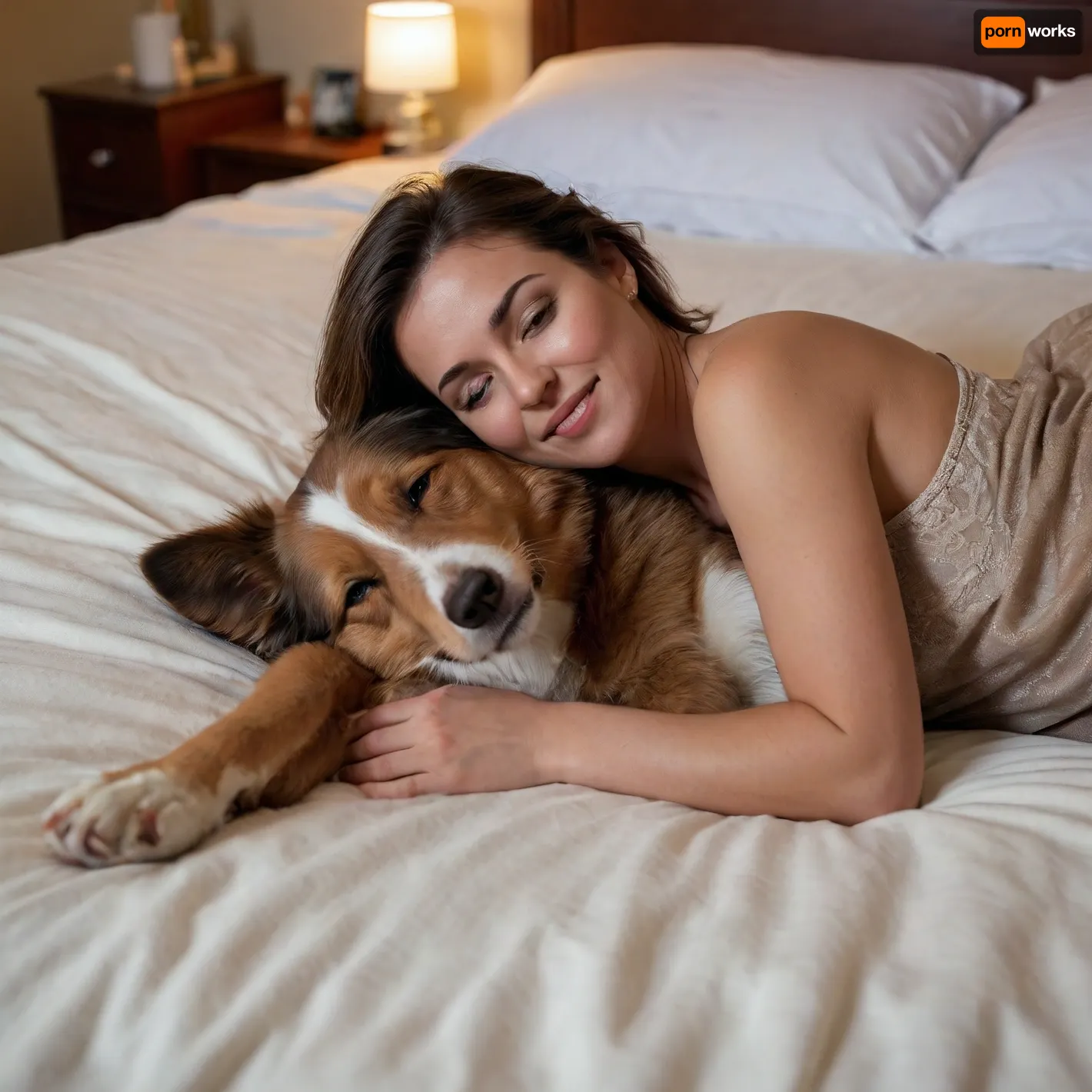 cinematic view of full body woman 40 year old, woman is brune, woman is sleeping on bed, short hair, weather is night in summer, litle smiling or laughing, large breast, generous breast, detailed satin nightgown, detailed skin, large circle earring, no makeup, perfect smokey eye, large necklace, engagement ring, alliance, Wedding ring, Australian Shepherd dog is sleeping on carpet, perfect lips, 8k, perfect fingers, HDR photo, best quality, ultra-detailed, masterpiece, finely detail, highres, 8k wallpaper, photorealistic, perfect illumination, best shadow, best shot, soft lighting, bhands, little hands, perfect eyes, Raw photo, 8k uhd, high quality, high resolution, professional photography, photorealism, realistic 4k epic detail, shot on kodak, 35mm photo, sharp focus, high budget, cinemascope, moody, epic, gorgeous, film grain, grainy, score_9, score_8_up, score_7_up, rating, explicit, view full body