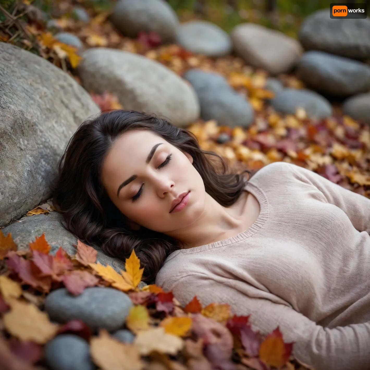 A captivating image of a sleeping woman, vibrantly delicate and gentle, with a serene expression. Her tousled dark hair frames her face as she curls up in the fetal position, wrapped in an earthy pose that conveys a sense of comfort and relaxation. The outdoor setting is filled with vibrant autumn leaves and smooth rocks. Three levels. night vision, soft fokus, parallax, overexposure. /©KlTTY-ART/