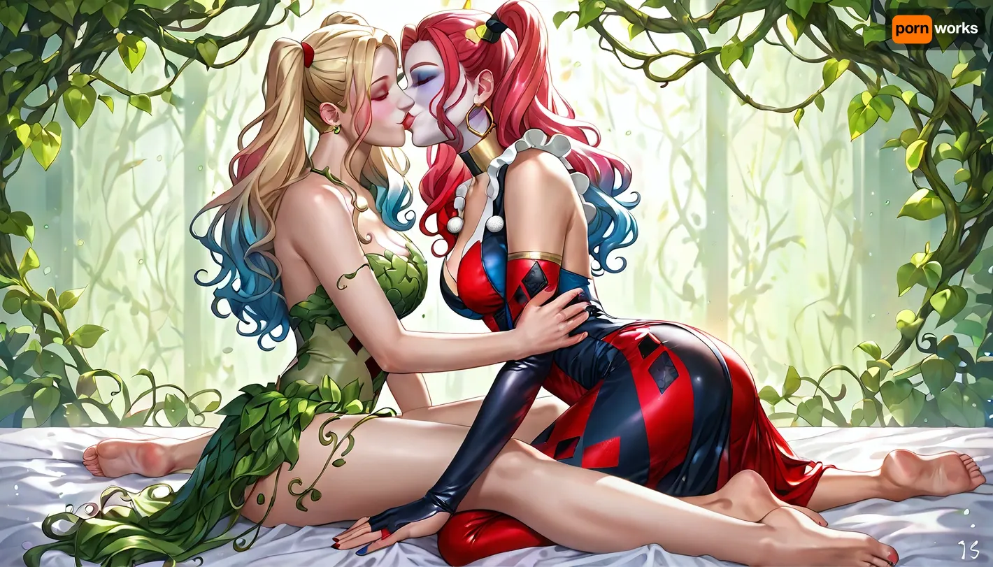 (best quality, masterpiece), (Poison Ivy:1.3), (Harley Quinn:1.3), 1othergirl, sitting on bed, (kissing foot:1.2), (barefoot:1.1), long flowing red hair, (Poison Ivy), blonde pigtails, (Harley Quinn), green leafy costume, red and black jester outfit, indoor, purple ambient lighting, soft focus, detailed eyes, detailed clothing, dynamic pose, gentle smile, **anime style**, **shoujo style**, (highly detailed CG unity 8k wallpaper:1.3), (comic book art style:1.1)