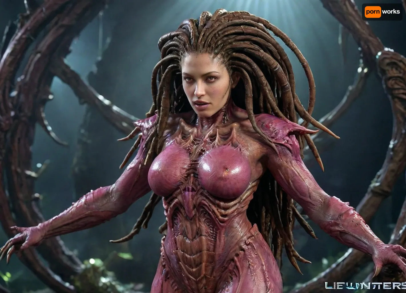 queen of blades from starcraft, fucked by male zerg, thick curvy hourglass naked body, giant perky breasts with large areolas, breast expansion, inflated belly, queen of blades, hyper wide hips, massive giant perky tits, giant fat ass, surprised face, spooning vaginal sex, (alien monster fucking girl's pussy:1.3), ultra realistic, precum, masterpiece, best quality, in a space ship, science, fiction, woman, dreadlocks, z3rg, monster, tentacle, purple, <lora:add-detail-xl:.8>, <lora:SDXLHighDetail_v6-000005:.8>, <lora:InfestedKerrigan1024:1.6>, <lora:derv-z3rg-SDXL-CIVIT:.9>