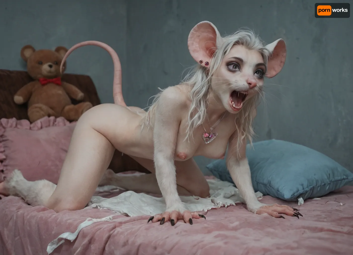 In a pink and blue room, frilly pink pillows, teddy bears, (middle aged sexy goth woman:1.2), (screaming), (mid 30's:1.3), (detailed petite body), (wearing a pink mind control necklace), (transforming into a realistic anthro mouse woman:.814), (whiskers), (sharp claws:1.2), ((mouse ears), (mouse feet:1.2), (mouse tail), (whiskers), (furry gaping cream pie pussy:1.2)), (detailed mouse tail), (exposed breasts:1.4), (realistic fur texture), flat, chested, sex, fit body, (wearing a white and blue very tight torn school uniform:1.2)