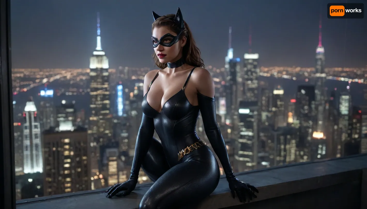 Catwoman, (female, slim, large breasts, small ass), and Spiderman, (male, muscles, tall), on top of a skyscraper at night looking out at the city lights