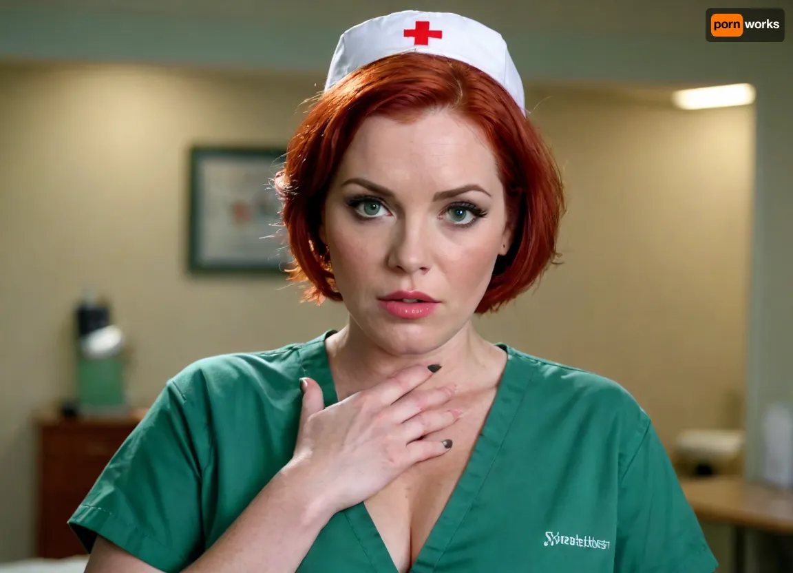 A nurse very strong big milf, short bright red hair, (very wet hair), chubby very powerful strong body, very big strong shoulders, Very strong wide forearms.A very strong very powerful broad-shouldered woman.Brown eyes.A closed green surgical uniform of a nurse with half-covered shoulders, a gray dirty bra is visible, (saggy boobs), .Large wristwatch on a wide wrist.
Very big lips.A very wide, experienced mouth of a skilled cocksucker.A very lustful, slutty look. The eyes of a real whore.The woman really wants to fuck and suck.
Very freckled.She look from under his brows and frowns.
super realistic
