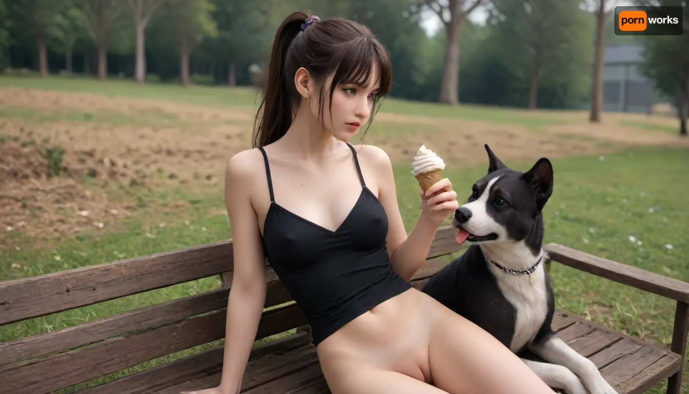 Everything is visible We can both be seen in the frame against the background of the amusement park, am Rex, watching for wanted AI woman., I am an electronic dog named Rex, (.
I serve in the K-9 unit.
I was tasked with finding an escaped AI copy. which created the illegal cybernetic body of a woman who used cloning and nano technology in electronics.
external signs, Asian type aged from 18, ponytail hairstyle with bangs., medium height, long beautiful legs, slightly larger blue eyes, mini breasts with erect nipples with purple halos and pierced nipples with platinum rings, very tight pink pussy also with piercing in the form of platinum rings. make-up with long eyelashes is blue, lush lips are red with a glossy color with a pink outline smoothly turning into red, green eye shadow.
I, Rex, am nearby, observing the object. Completely nakedShe sits on a bench with her legs spread and sucks ice cream), Black, Pitbull, Dog, <lora:Black_Pitbull_Dog:.8>