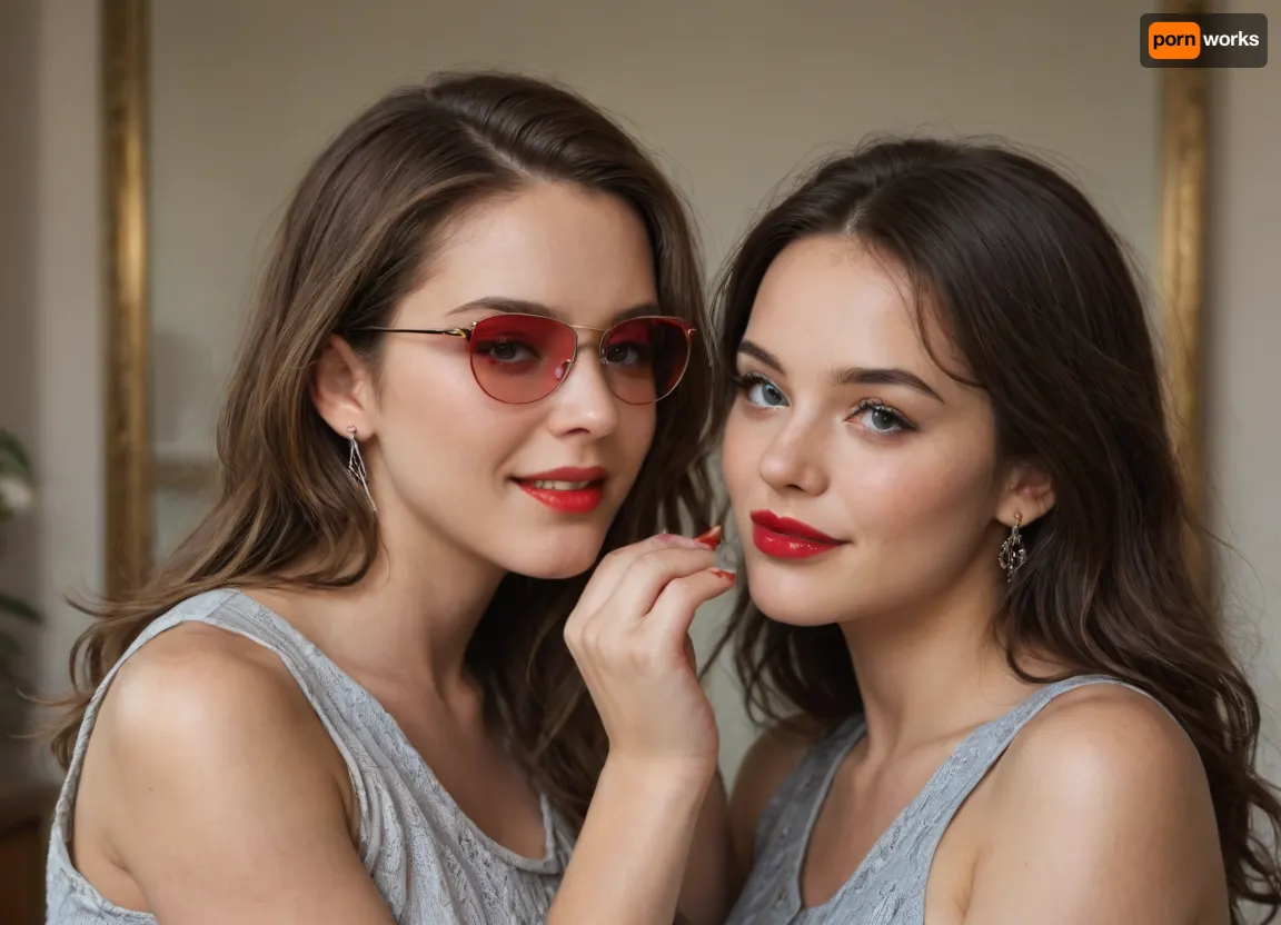 The image shows a yo girl wearing a sleeveless gray dress with decorative details on the shoulders. She has long, wavy brown hair and is smiling while applying red lipstick. She holds a red lipstick in one hand and a compact mirror in the other, which is partially open. Red sunglasses rest on top of her head, and she has pinky-red nail polish, matching her lipstick. The background is plain and light-colored, emphasizing her as the focal point.