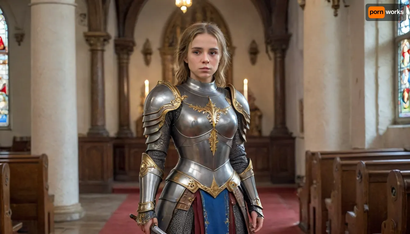 a small, female paladin, big sword, in church, armor, full body, monroesweet, 4ng3l, face, <lora:Katerina_Kozlova_AKA_Monroe_Sweet_V3:.8>, <lora:SDXL_BetterFaces-LoRA_v1:.8>