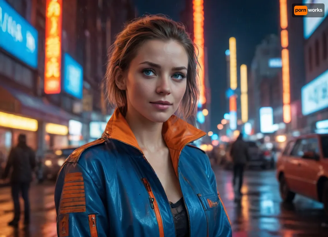 Cinematic, 35mm, wide angle, a street shot of a futuristic cyberpunk woman in her 40's wearing only an edgy, high-tech jacket featuring glowing neon blue and fiery orange accents, metallic details, and rugged textures, illuminated by moody cinematic lighting in a dystopian city scene filled with glowing red and orange lights, scattered debris, and dark industrial tones, dynamic and detailed, hyper-realistic, vibrant colors, atmospheric and immersive. Woman has ample breasts, a snarky smile, and a gleam in her blue eyes. Future cars fly overhead, and people carry fluorescent umbrellas to avoid the rain.