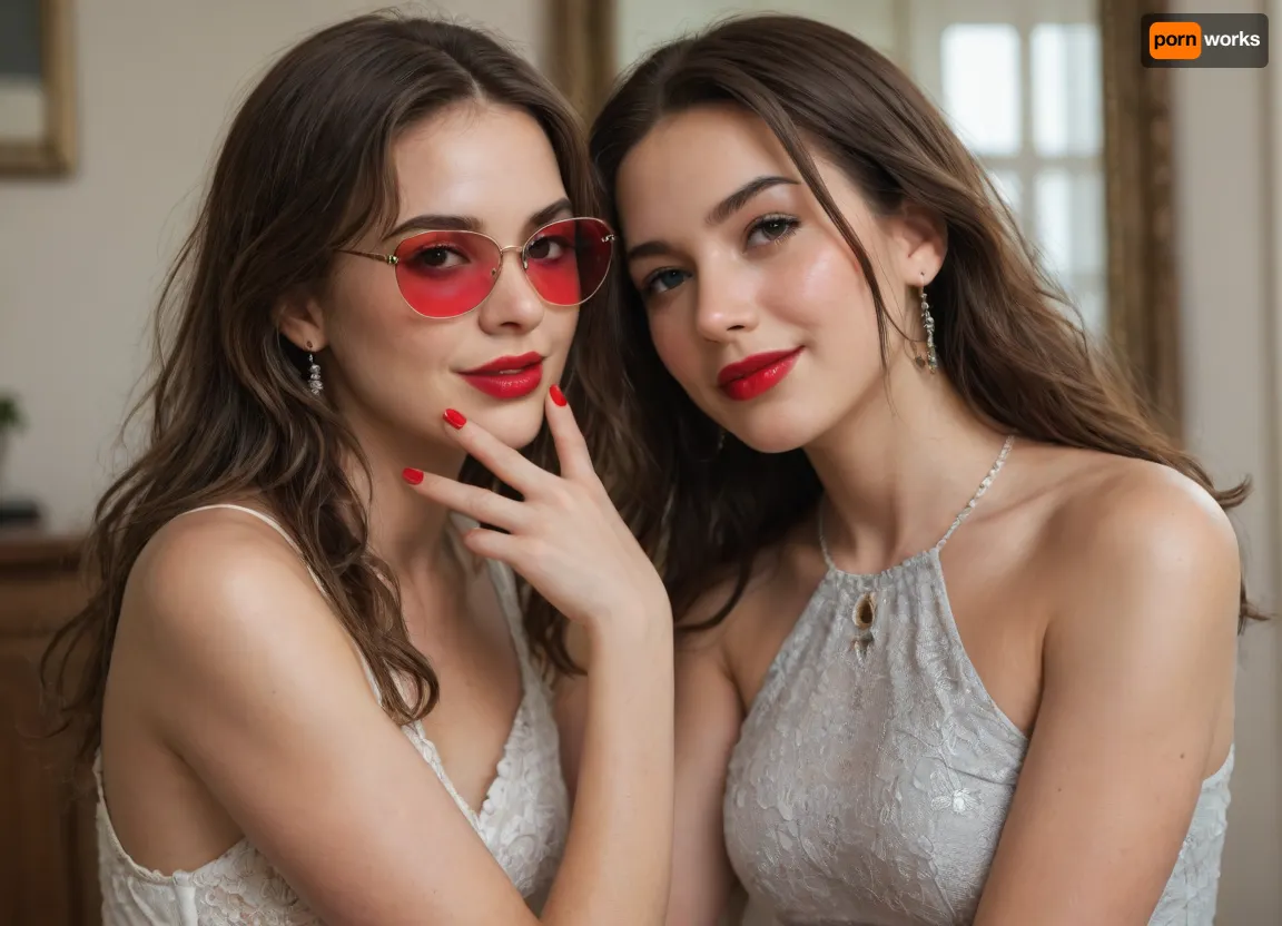 The image shows a yo girl wearing a sleeveless gray dress with decorative details on the shoulders. She has long, wavy brown hair and is smiling while applying red lipstick. She holds a red lipstick in one hand and a compact mirror in the other, which is partially open. Red sunglasses rest on top of her head, and she has pinky-red nail polish, matching her lipstick. The background is plain and light-colored, emphasizing her as the focal point.