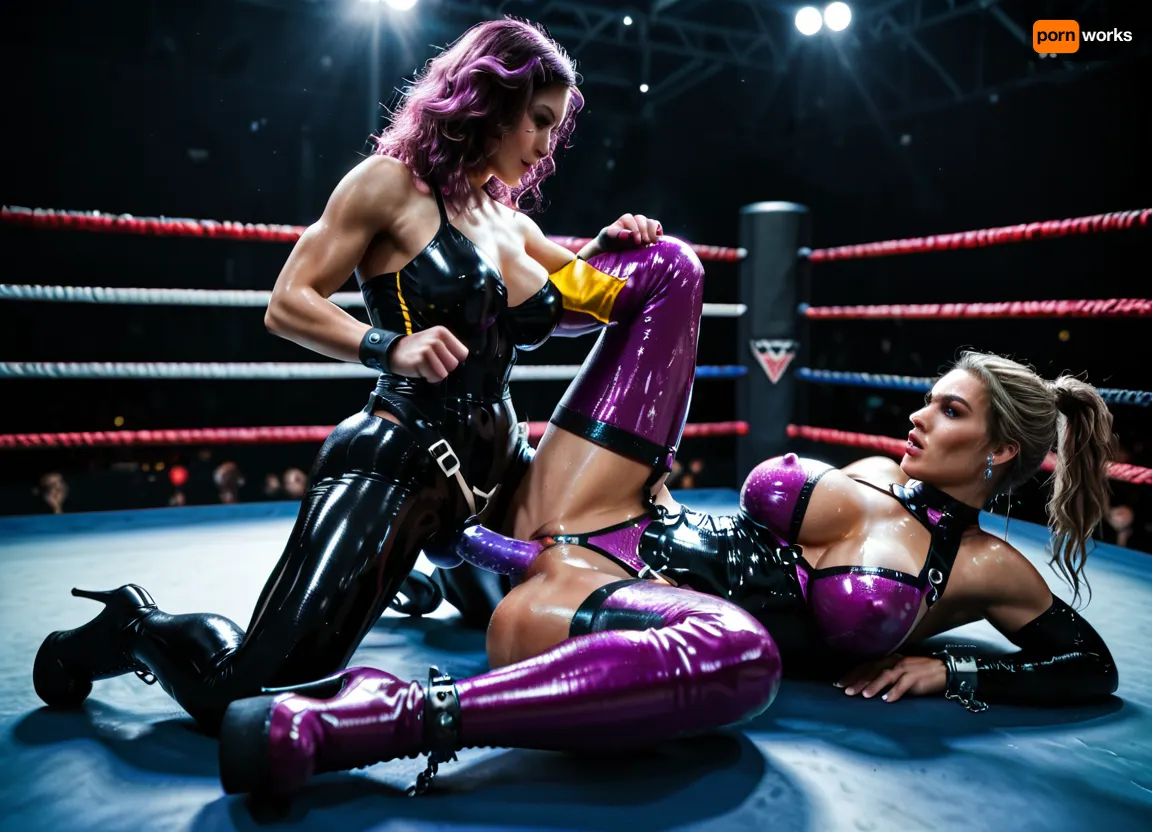 (2 women, fighting), (detailed face:1), (wrestling ring), (wrists shackled behind back), (latex crotchless bodysuit, purple, pink, black, translucent, shiny, high heel boots, costume), (strapon blue dildo, vaginal), aw0k, illuminate, detailxl, <lora:mjilluminate-000010:.8>, <lora:Realism_Lora_By_Stable_yogi_SDXL8.1:1.2>, <lora:dark:1.2>