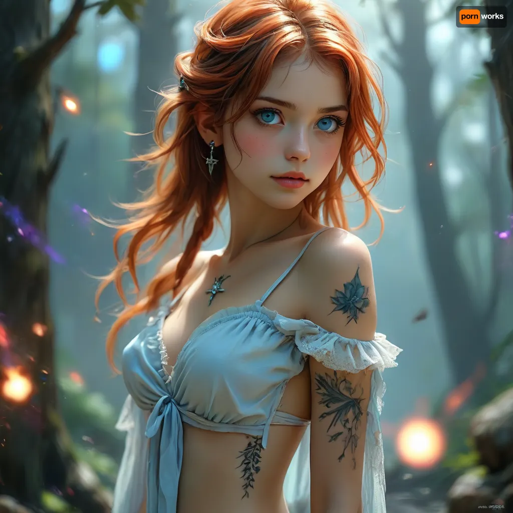 Anime cute young woman with long bikini, anime beauty girl, portrait of a girl, (((charcoal sketch))), (((charcoal drawing))), (((very petite girl))), (((turns to viewer))), (((oiled skin))), ((light blue eyes)), (((skinny))), (((18 years old tattoo))), (very girl:1), (makeup:1.3), beautiful, gorgeous, stunning, ((tattoo on the cheek)), flowing scarlet red hair and a strand of brown hair, piercing ocean-blue eyes, wearing a regal off-shoulder purple gown adorned with shimmering sapphire jewelry and a glowing blue ring. She stands in an enchanted forest with a glowing golden star mark on her right shoulder symbolizing hidden power. Behind her, a war scene unfolds with witches and wizards wielding wands and humans with swords approaching each other from misty woods. A grand ancient castle rises in the distance under a bright, ethereal sky and moonlight, with a huge katana dividing the background. The atmosphere is magical, mysterious, dark, and realistic, in Attack on Titan style resembling Mikasa. The title 'The Forbidden Heiress' is boldly written above in red and black., bikini, underwear, Lace, <lora:Bikini_02_lora:.8>, <lora:Style_eyes _and_hair_XL-v2:.8>, SDXL_BetterFaces-LoRA_v1, .5>, (music_), <lora:Oxygen girl_SDXL1.0:1>, <lora:MJ52:.7>, <lora:BUT_SDXL_SHS:.1>