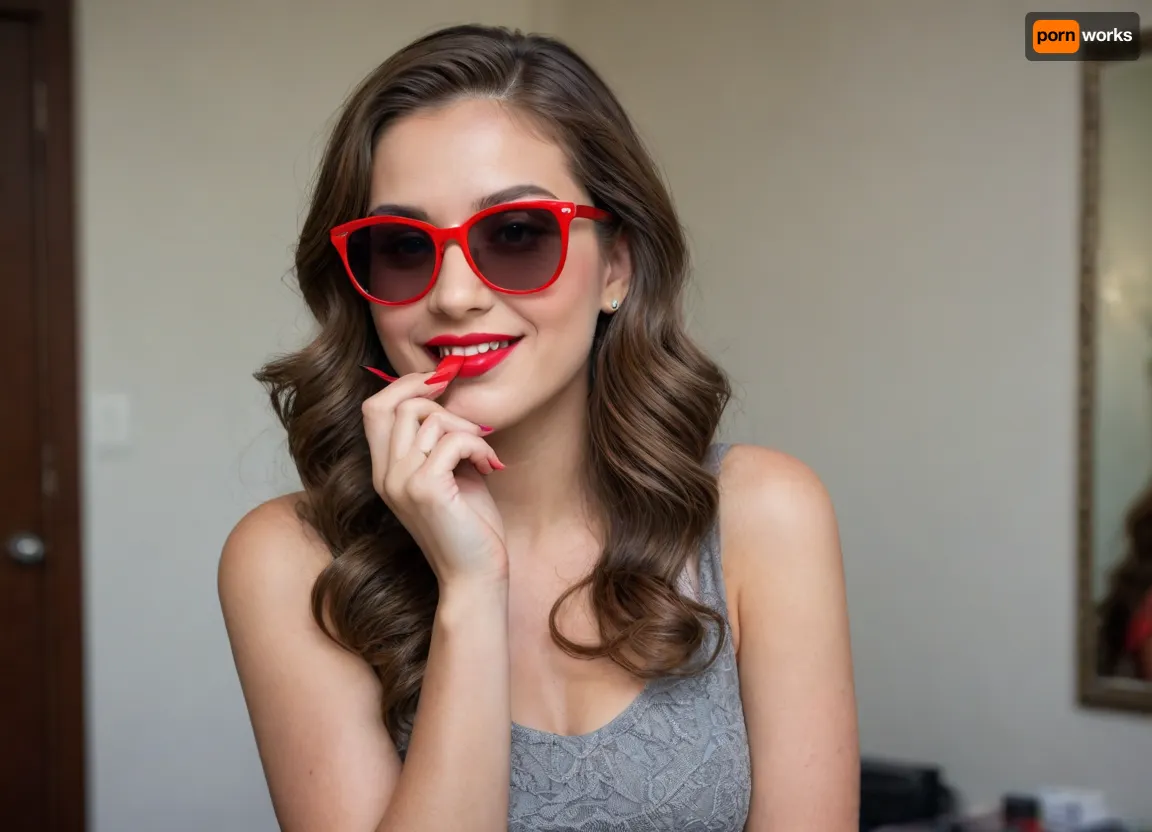 The image shows a yo girl wearing a sleeveless gray dress with decorative details on the shoulders. She has long, wavy brown hair and is smiling while applying red lipstick. She holds a red lipstick in one hand and a compact mirror in the other, which is partially open. Red sunglasses rest on top of her head, and she has pinky-red nail polish, matching her lipstick. The background is plain and light-colored, emphasizing her as the focal point.