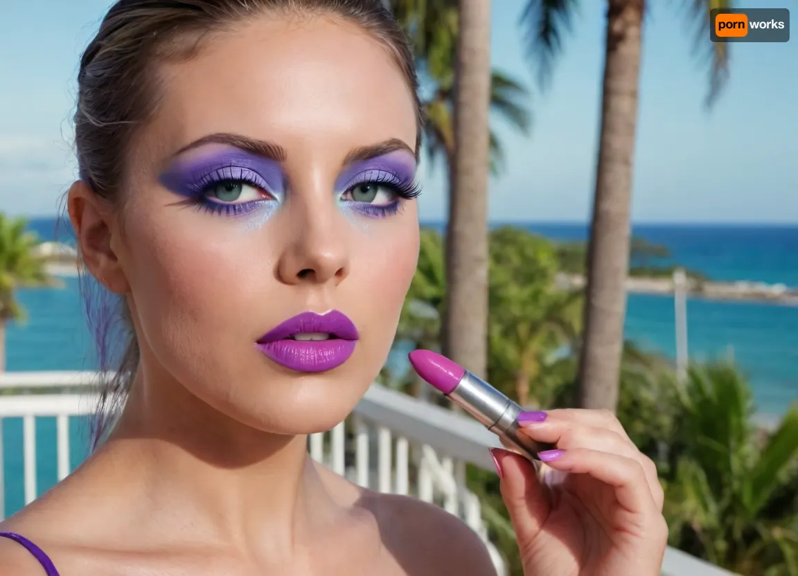 bimbo woman, high detail of the face, individual standing outdoors on a balcony overlooking a tropical beach and ocean. The person is wearing a blue, two-piece swimsuit consisting of a triangular top and matching bottoms with medium coverage., (big lipstik purple:1.3), Their hair is styled in a neat braid, and they are gazing directly ahead with a relaxed posture., ((makeup:1.3), long blue eyelashes, green eye shadow, glossy pearl lipstick), The background includes clear skies, a distant ocean horizon, palm trees, and elements of a modern building. The scene exudes a sunny, vacation-like atmosphere., artoflips, uoclips, lips, lipstick, art, of, CUM, DONATION, ASSISTANCE, FELLATIO, TITS, SEX, HANDJOB, FOOTJOB, AFTER, VAGINAL, makeup, eyeliner, eyelashes, <lora:Art_Of_Lips_PONY_XL_By_UOC:.9>, <lora:CUM DONATION ASSISTANCE:2>, <lora:Modern_MakeUp_XL_v0_1:1.7>
