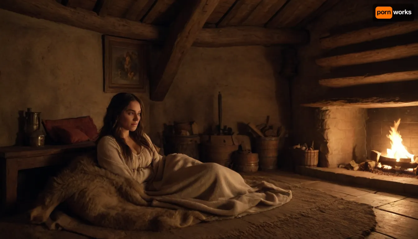 A woman resting inside a medieval-style, windowless hut, lying on a bearskin rug positioned near an open fireplace. The scene is set during a dark, moonless night, with flickering flames casting warm, dynamic light on her face and surroundings. She has long, flowing hair and wears simple, rustic clothing typical of medieval times. The interior is constructed of rough-hewn wooden beams and earthen walls, creating an authentic, cozy atmosphere. The fireplace is the primary source of illumination, illuminating her peaceful expression and highlighting the textured details of the bearskin and wooden interior. The scene is captured in a realistic, atmospheric style with rich, warm tones emphasizing the contrast between the dark night outside and the inviting glow within. The framing is intimate, focusing closely on the woman and the fireplace, with soft shadows and a moody, quiet ambiance that evokes a sense of solitude and medieval authenticity. The overall artistic direction combines elements of historical realism with a warm, rustic aesthetic. A woman resting inside a medieval-style, windowless hut, lying on a bearskin rug positioned near an open fireplace. The scene is set during a dark, moonless night, with flickering flames casting warm, dynamic light on her face and surroundings. She has long, flowing hair and wears simple, rustic clothing typical of medieval times. The interior is constructed of rough-hewn wooden beams and earthen walls, creating an authentic, cozy atmosphere. The fireplace is the primary source of illumination, illuminating her peaceful expression and highlighting the textured details of the bearskin and wooden interior. The scene is captured in a realistic, atmospheric style with rich, warm tones emphasizing the contrast between the dark night outside and the inviting glow within. The framing is intimate, focusing closely on the woman and the fireplace, with soft shadows and a moody, quiet ambiance that evokes a sense of solitude and medieval authenticity. The overall artistic direction combines elements of historical realism with a warm, rustic aesthetic.