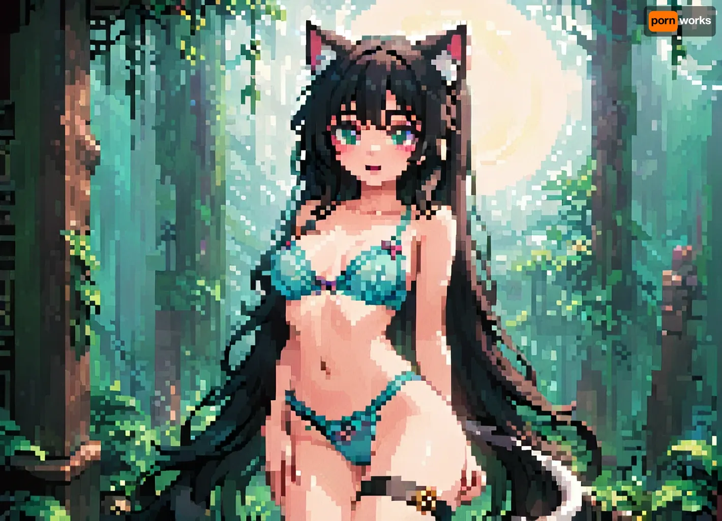pixel art, pixelart pixel, art, <lora:ratatatat74-000050:1.3>, <lora:outline_xl_kohaku_delta_spv5x:1.8>, <lora:cartoon_stickers_xl_v1:.6>, <lora:NEOTOKIOXL_0.2_RC:.4>, <lora:pixel_stormXL:1>, Catgirl, black hair, straight hair, long hair, very long hair, cheerful, playful, naughty, cute, seductive cheeky, slim, fit body, posing, lingerie