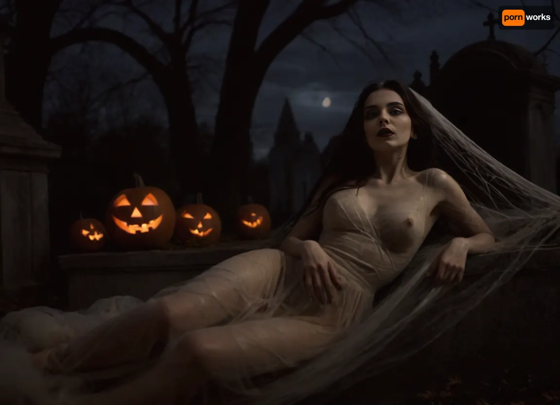 night photography, horror movie, uhd, gorgeous nude woman reclines on a tomb in a graveyard, body wrapped in cobwebs, moonlight and shadows, jack-o-lanterns, long black hair, gothic makeup, perfect face, perfect eyes, perfect hands, spiderweb, cobweb, <lora:spiderweb:1>