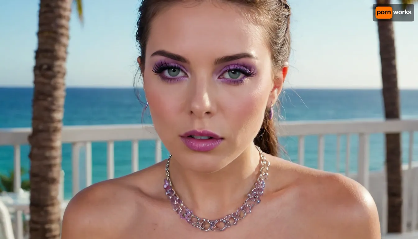bimbo woman, high detail of the face, individual standing outdoors on a balcony overlooking a tropical beach and ocean., (piercing:1.3), (bimbo woman is dressed in a transparent two-piece peignoir of medium length through which are visible, (purple nipples with piercing in the form of platinum rings connected by a chain)), ., (big lipstik purple:1.3), hair is styled in a neat braid, and they are gazing directly ahead with a relaxed posture., ((makeup:1.3), long blue eyelashes, green eye shadow, glossy pearl lipstick), The background includes clear skies, a distant ocean horizon, palm trees, and elements of a modern building. The scene exudes a sunny, vacation-like atmosphere., artoflips, uoclips, lips, lipstick, art, of, CUM, DONATION, ASSISTANCE, FELLATIO, TITS, SEX, HANDJOB, FOOTJOB, AFTER, VAGINAL, makeup, eyeliner, eyelashes, <lora:Art_Of_Lips_PONY_XL_By_UOC:.9>, <lora:CUM DONATION ASSISTANCE:2>, <lora:Modern_MakeUp_XL_v0_1:1.7>