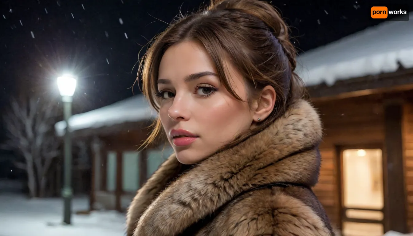 a woman, short stack, perfect body, big breasts, in snow, brown fur, warm light, side view, night, 4ng3l, face, <lora:NSFW_Reality_Engine_XL05:.8>, <lora:SDXL_BetterFaces-LoRA_v1:.8>
