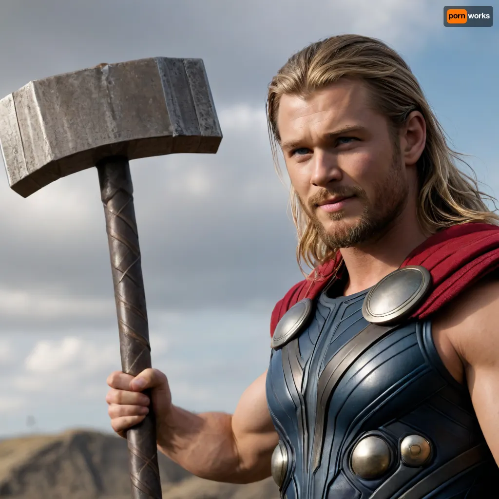 Thor, un guerrero escandinavo de mediana edad y musculoso, de piel clara y cabello rubio dorado, se alza majestuosamente sobre el centro, empuñando su icónico martillo Mjolnir. Sus ojos azules brillan con determinación mientras una leve sonrisa se dibuja en sus labios, anticipando la batalla. Viste una armadura de metal brillante, adornada con detalles intrincados en tonos plateados y dorados, que resalta su imponente figura. El martillo, con su mango de madera y cabeza metálica, emana un aura de poder y energía. La escena se desarrolla en un campo de batalla devastado, con restos de edificios y humo elevándose hacia un cielo tormentoso. La composición es un primer plano dinámico, que enfatiza la fuerza y el espíritu de lucha de Thor. La iluminación es dramática, con rayos de sol filtrándose a través de las nubes oscuras, creando sombras profundas y resaltando los reflejos en la armadura. El estilo visual es una mezcla de realismo y fantasía épica, con una atmósfera intensa y heroica.