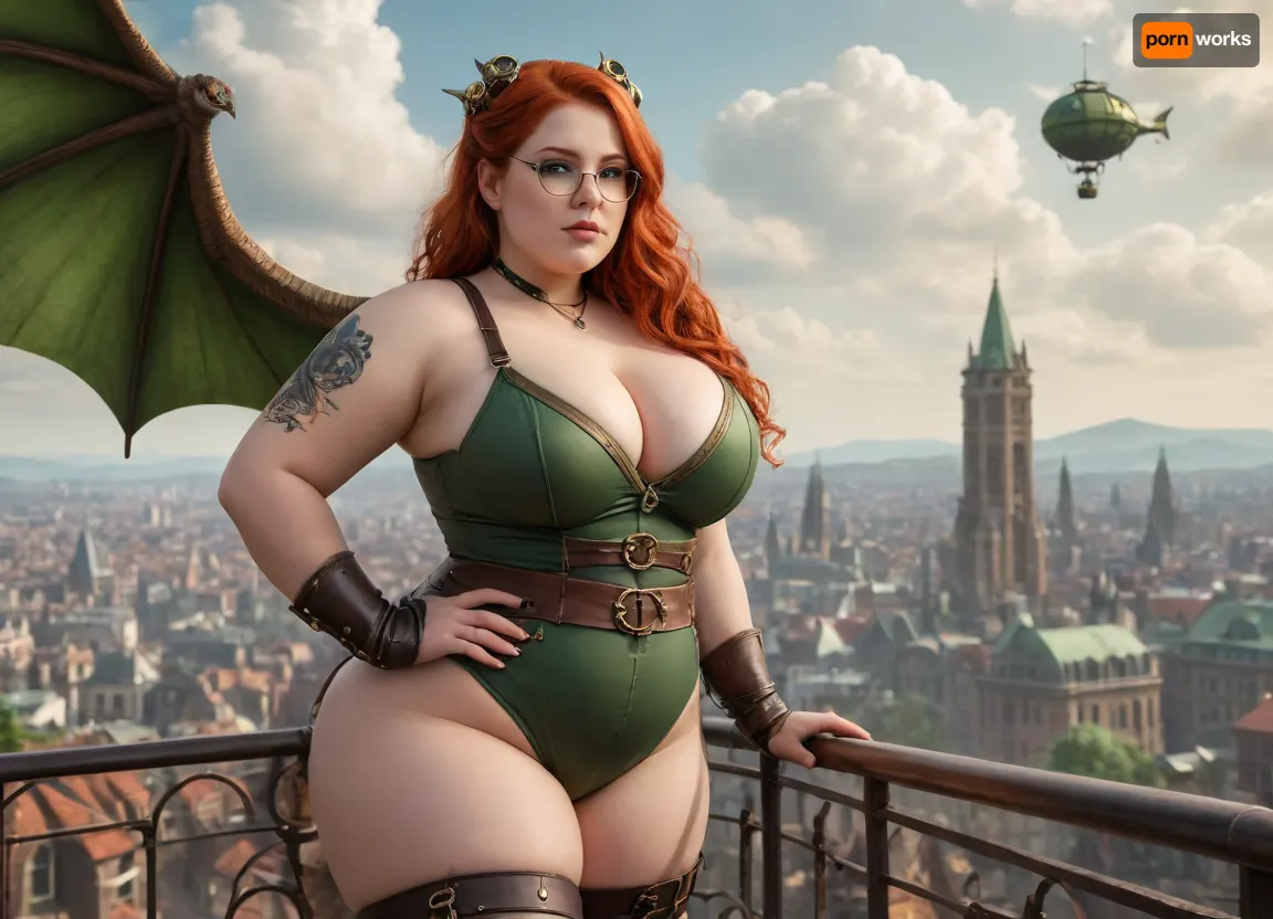 photorealistic panoramic picture, a obese young 20-year-old girl in a steam punk suit with a plunging neckline, short stacked with fat breasts, straight long red hair hanging down to her buttocks, huge bright green eyes, large canned glasses, a calm sweet smile, stands against the backdrop of a panorama of a fantasy city, a dragon and a steam airship soar in the air