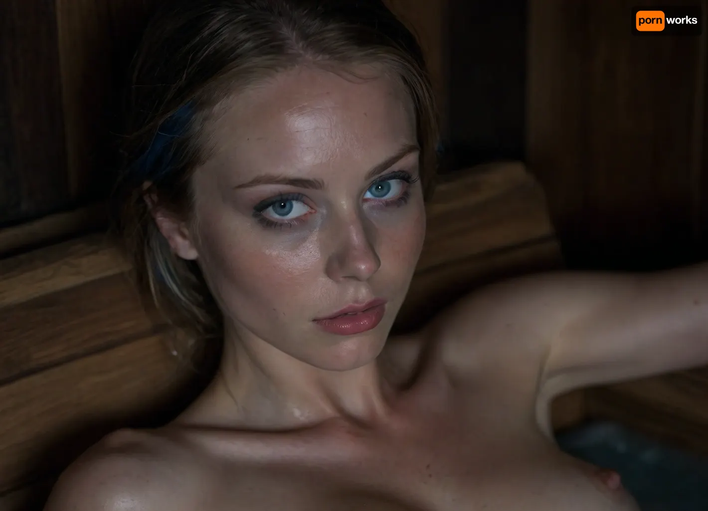 hot sauna, lying on wood, (close up breast), small flat breast, (((swollen big nipple))), enormous nipples, (((swollen areola))), (((pointy breast))), sweaty skin, Goose flesh skin, many beads of sweat on the skin, pale skin, (((wet skin))), unperfect skin, (((almond shaped blue eyes))), curved lips, bobcut hair, erotic mood, romantic orange light, view from top, natural perfect teeth, looking disgusted, interessting face, not pretty but sexy, <lora:dark:.1>