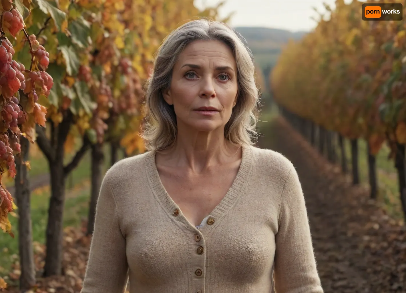 ultrarealistic, 8K HD, 50-years old woman, in a vineyard, fall season, body view