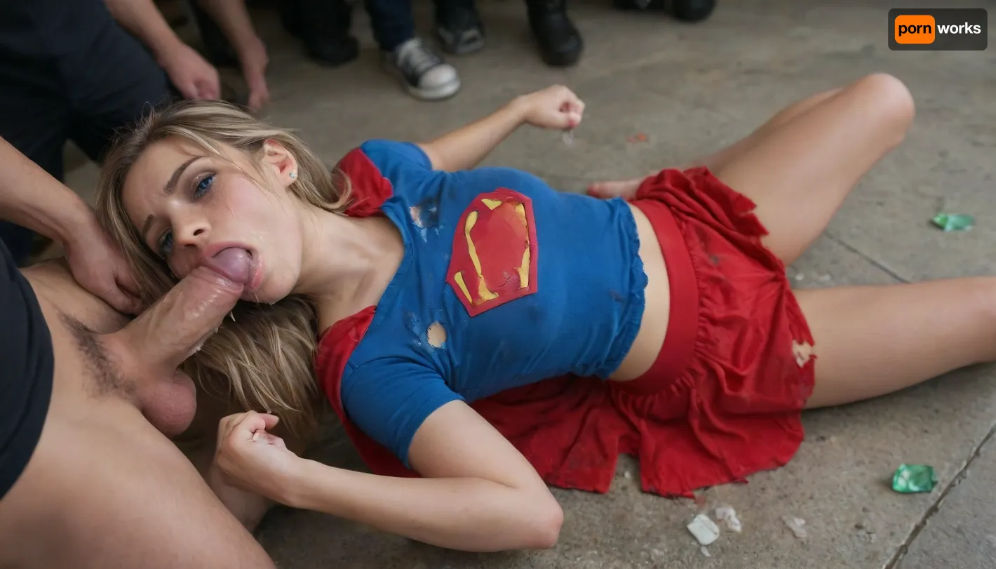 1 girl, 1 guy., ((Glowing bright green crystal shards on the floor)), . Supergirl and young policemen., ((Fucking roughly)), ((gripping tits)), ((deepthroat)), ((cumshot)), ((rough anal)), ((chocking)), ((crying)), ((holding hands)), hot. Horny., ((Drenched in cum)), . On public. Domimated. Sexual. Animal instinct., ((Laying on her back)), . On the streets. Crowded. Crowd standing around them. Watching them. Wideshot, ((fullbody)), . View from above. Supergirl is young, cute, petite, innocent, submissive, dirty, has bob haircut, blonde, filthy skin, wearing red skirt, blue top, red cape, messy hair, ruined makeup, ripped clothes, soft tits, big ass, big soft saggy tits. Tired face, perfect blue eyes, eyebags, drowsy, sleepy, ((drooling, saliva)), disgusted face, mouth open, licking. Begging, humiliated, whore slut. Detailed, high resolution. torn, fly, down, at, _______, <lora:tornclothesv6-8:.8>, bukkake, cum, <lora:MS_Real_XL_Bukkake:.8>