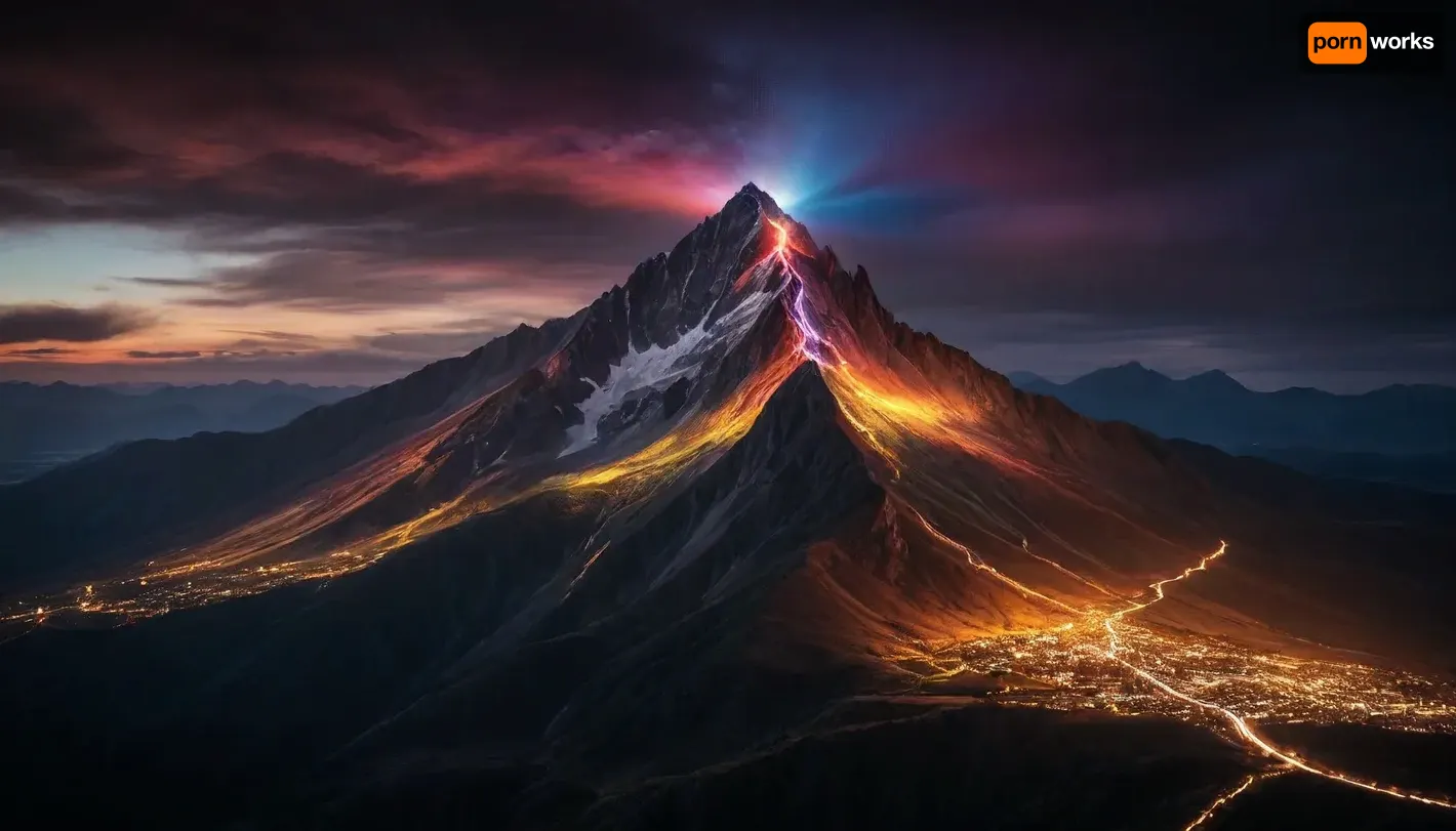 black background, mountain is illuminated from above by a beam of many colors