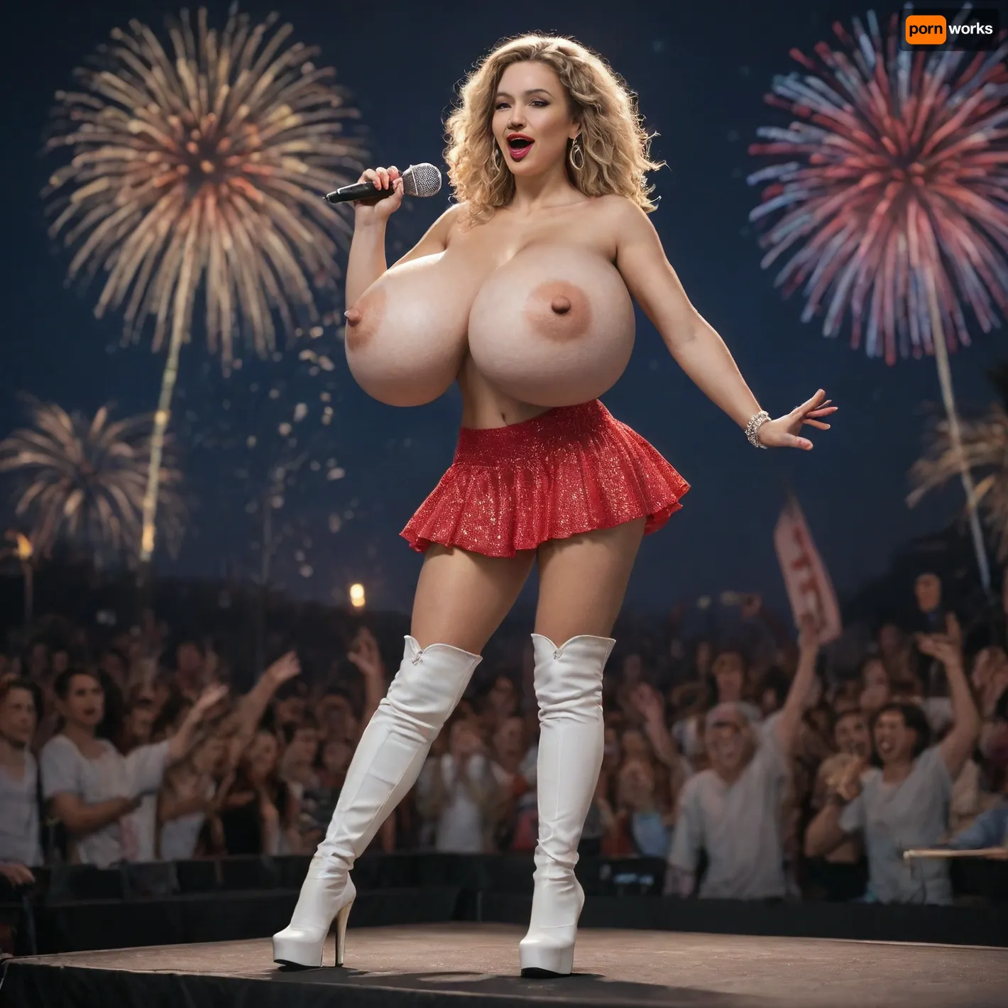 pop star topless, ((gigantic breasts)), ((large areolas)), (bright red lips), ((slim)), long blonde hair, on stage, singing, holding microphone, glittery skirt, white high heel boots, spotlights, cheering crowd, fireworks