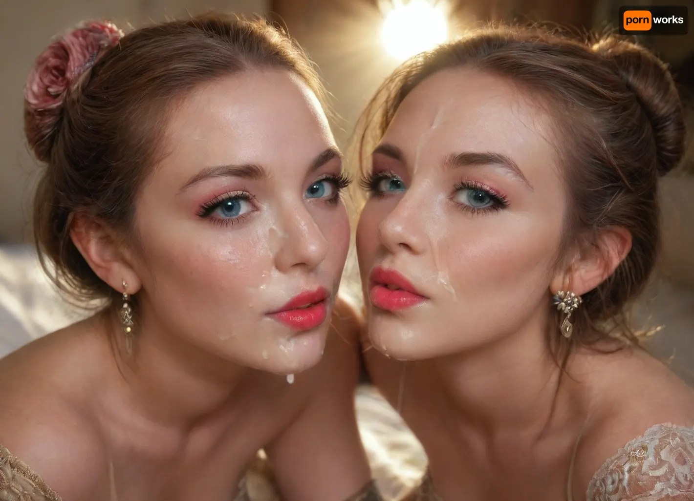 High quality hardcore gangbang fucking porn video, birds view woman gets fucked in all holes, seeing a lot of hard, stiff cocks in a circle ejaculating big semen loads on the viewer, she rides in a big hard cock in her pussy, another cock pushes Hard in her ass, another cock fucks her mouth hard, Below, Huddled, <lora:322668_training_data:.8>, breasts, stomach, covered, in, perfect, <lora:Facials:.8>, r3tro_cumshotz, cum, on, face, facial, dripping, thick, white, retro, cumshots, <lora:r3tro_cumshotz  SDXL Lora:.8>, inside a refined interior, luxury interior, classy, She wears an elegant, sheer bmaid outfit with a extreme short tulle skirt, lace-trimmed apron, and a delicate bow detail on the deep neckline big small breast. It her body perfectly, showing soft, natural fabric folds and a fine texture. She wears black kinky flower stockings and black sexy high heels. Her skin is smooth and luminous, with warm tones enhanced by the light.Her face is fully visible and symmetrical, with expressive crystal blue and Grey eyes, long lashes, and soft red full lips forming a confident yet gentle expression. Detailed facial structure with perfect lighting emphasizing cheekbones and lips. Her makeup is refined — slutty smokey eye shadow, red lipstick, and natural blush. Her brown Floral accent bun reflecting the golden sunlight., (((tighs high stockings))), ((thin dark pink high heels)), ((classy garter belt, suspender clips)), ((full body view))