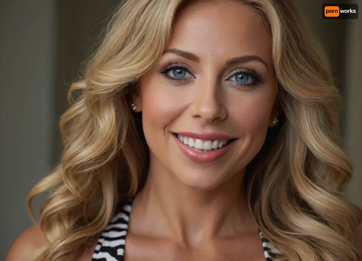 ultrarealistic, 8K HD, voluptuous 55-years old woman wearing zebra swimsuit, face like Madison Ivy, very long blond wavy hair, deep blue eyes, smiling, (portrait close-up:1.5)