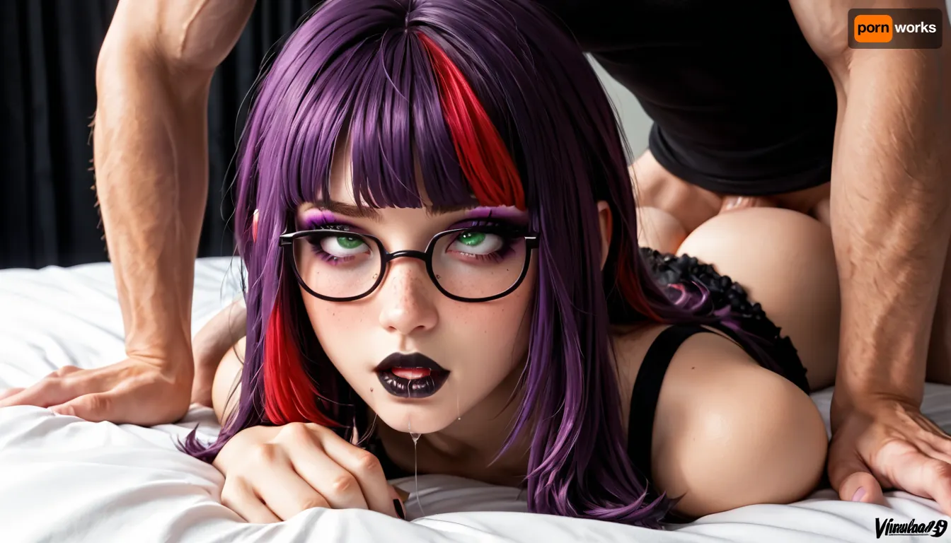 sexy goth woman, 18 years old, with long hair and bangs, her hair is purple hair with red highlights, her name is Meg, she has freckles, she wears glasses, she has green eyes, she is British, she wears eyeliner, mascara, purple eyeshadow, black lipstick, she voluptuous, she has large breasts. prone bone sex, fucked by a big cock, balls deep, too deep, eye rolling, drooling, <lora:SDXLFaeTastic2400:.8>, <lora:add-detail-xl:.8>