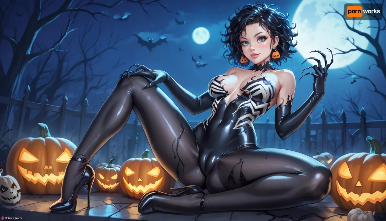 female venom, contrapposto pose, tight sexy Halloween costume, cameltoe, night, Halloween