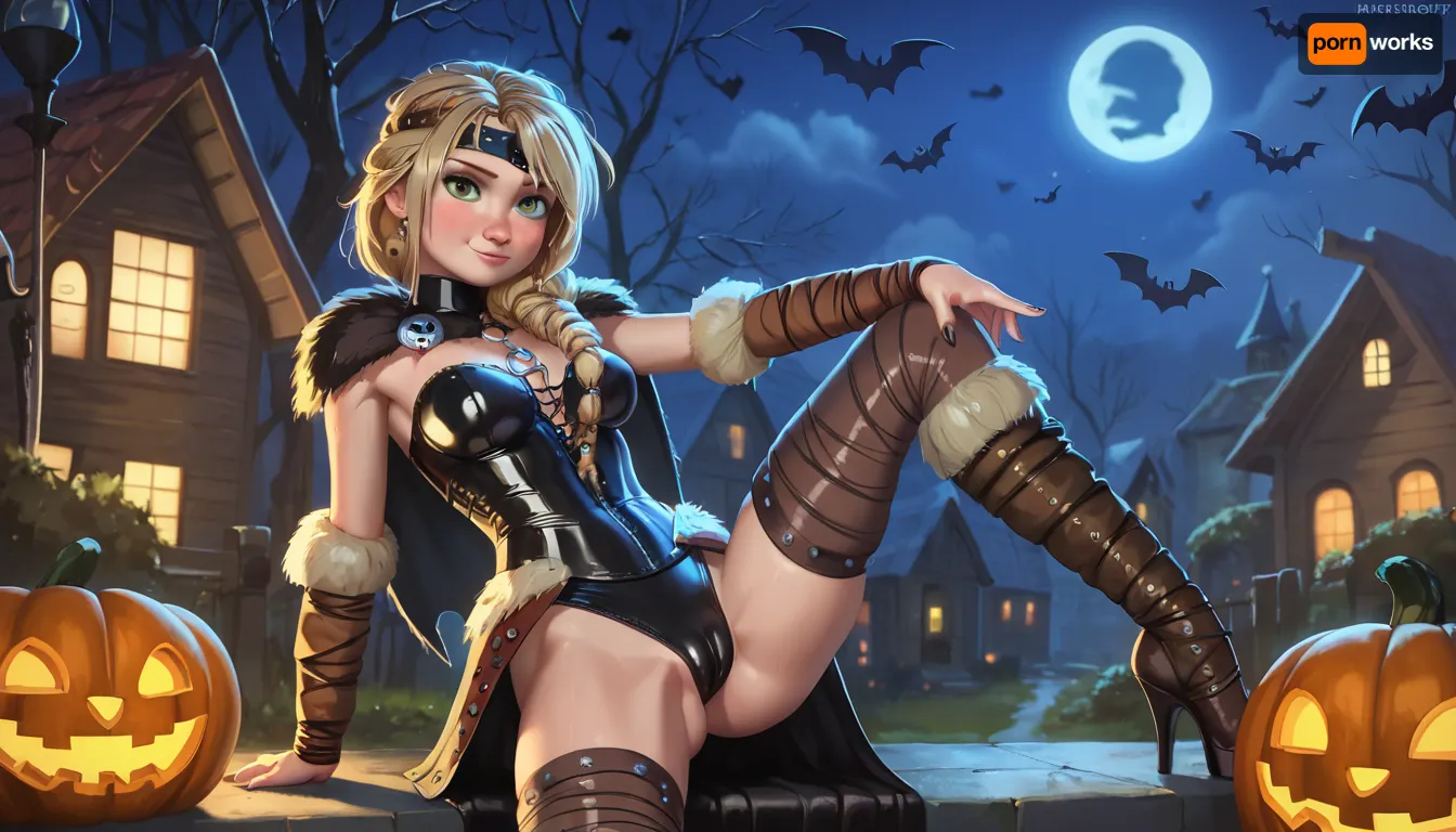 how to train your dragon, astrid hofferson, contrapposto pose, tight sexy Halloween costume, cameltoe, night, Halloween