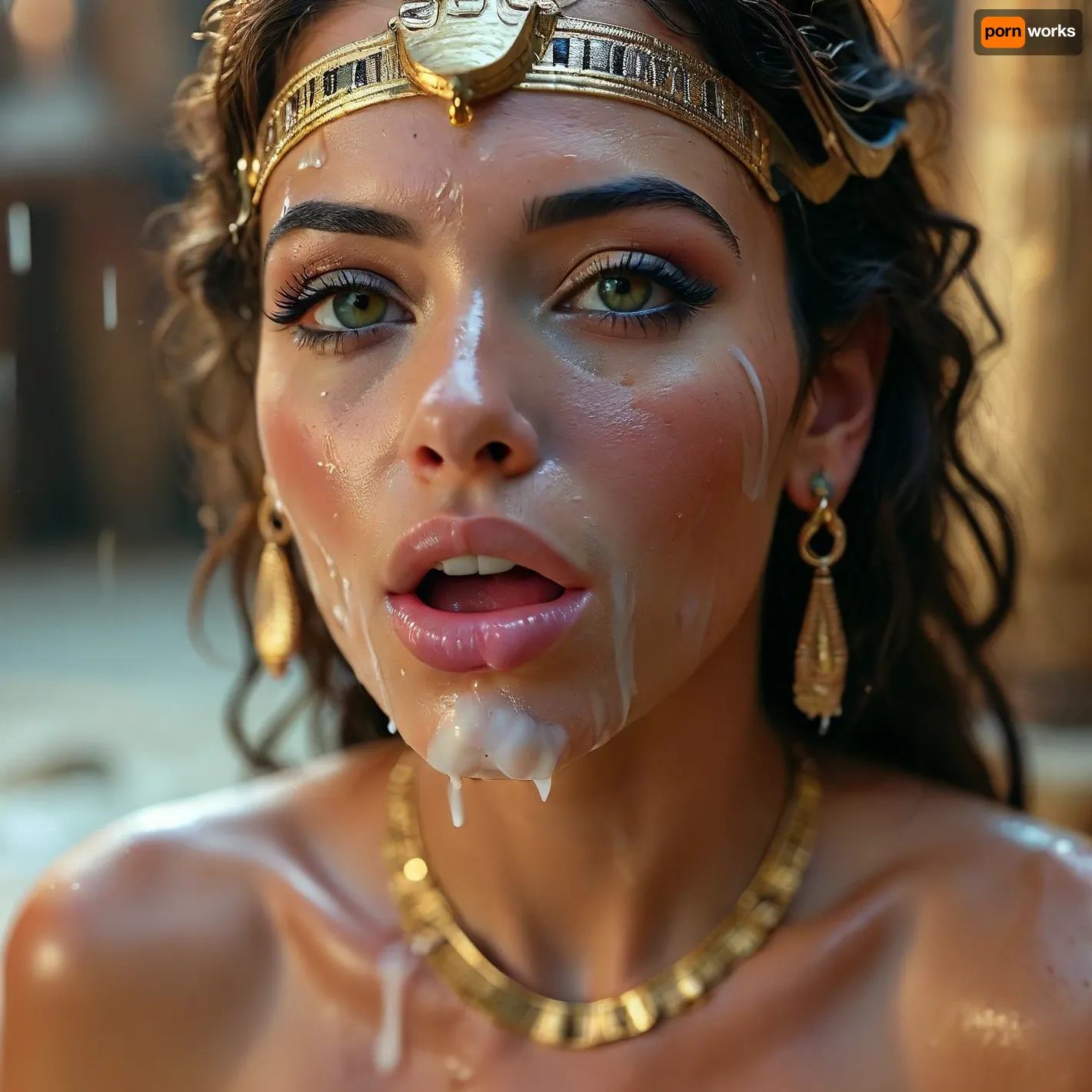 30 year old female ancient egyptian queen, covered in thick white realistic cum, sexy expression, orgasm, orgasm face, Mouth half open, tongue on lip, eyes half closedwoman, cum, on, face, <lora:MJ52:.3>, <lora:BUT_SDXL_SHS:1.3>, <lora:add-detail-xl:.7>, <lora:CinematicStyle_v1:2>, <lora:JustCum:1.5>