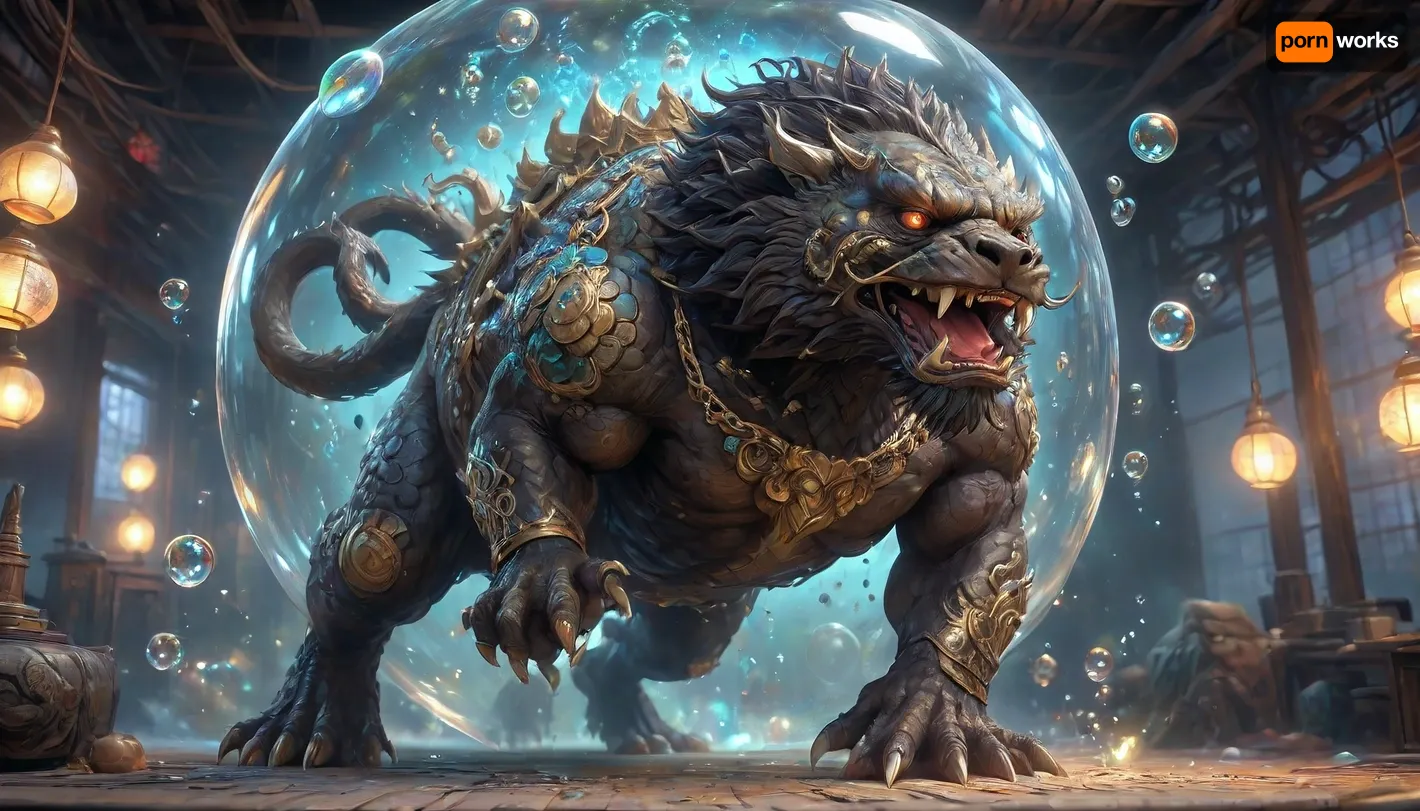 Kyoto Animation stylized anime mixed with tradition Chinese artworks~ A beastly muscular black foo dog, saliva, flying at modern cyberpunk fantasy world. Cinematic Lighting, ethereal light, intricate details, extremely detailed, incredible details, full colored, complex details, insanely detailed and intricate, hypermaximalist, extremely detailed with rich colors. masterpiece, best quality, aerial view, HDR, UHD, unreal engine. plump looking at the camera, smooth thighs, (glittery jewelry), ((acrylic illustration, by artgerm, by kawacy, by John Singer Sargenti), dark Fantasy background, glittery jewelry, Representative, Rich in details High quality, gorgeous, glamorous, 8k, super detail, gorgeous light and shadow, detailed decoration, detailed lines), CL_4Guardians, Azure_Dragon, beastly muscular gold fish, Rosefinch, Giant_Tortoise, Kylin, cinematic ambient lighting, masterpiece, ((((extremely realistic detailed lighting, extremely realistic detailed shadows, extremely realistic detailed skin texture, extremely realistic detailed skin pores, extremely realistic detailed micro fur, extremely realistic detailed air bubbles, best quality, ultra-detailed, HDR, sharp focus, highest resolution, highest resolution ass:1.4)))), <lora:CL_4Guardians_XL_v1:2>, <lora:436263_training_data:2>, <lora:绪儿-大鱼 goldfish:2>, <lora:BubbleXL:2>