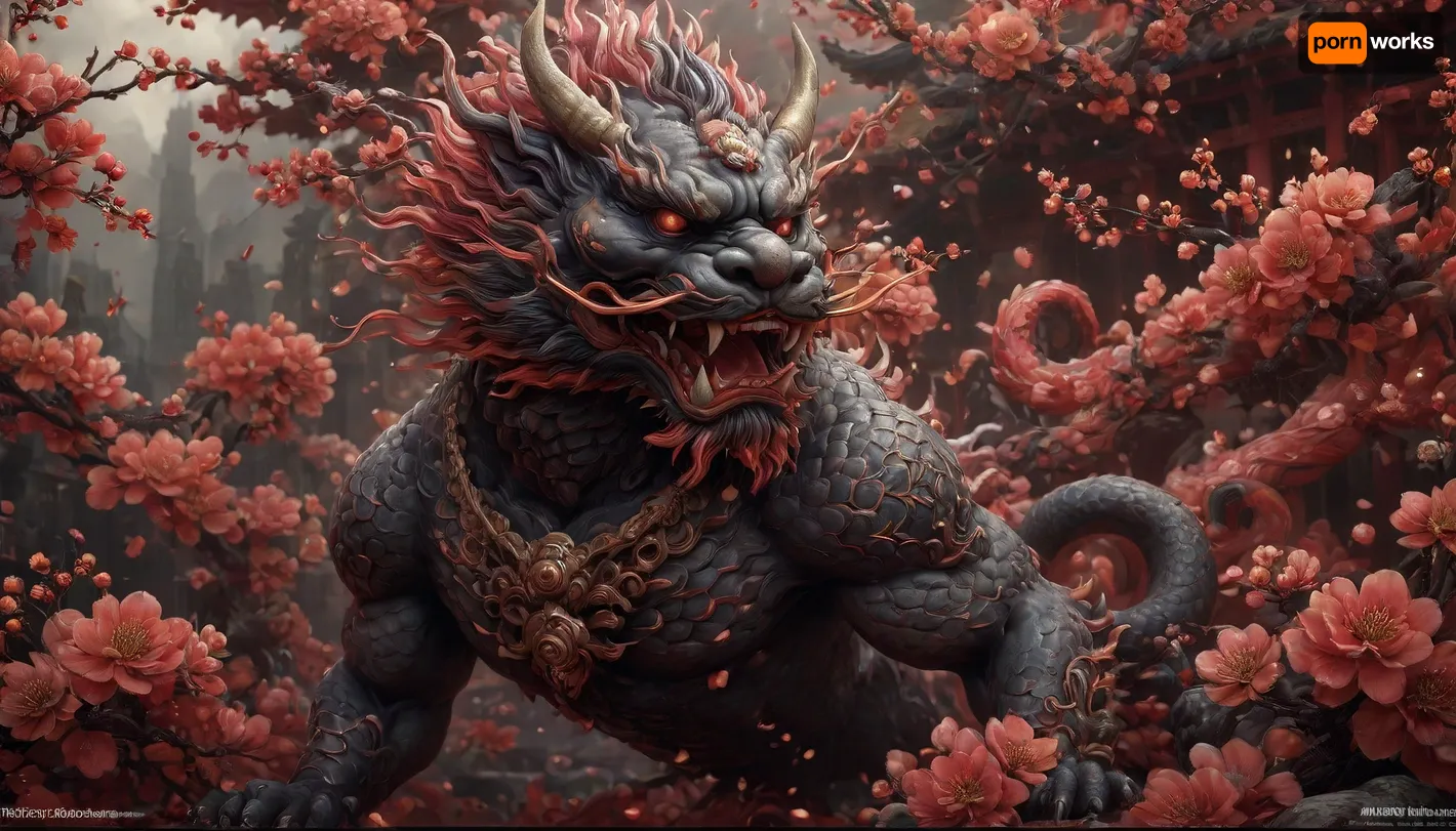 Kyoto Animation stylized anime mixed with tradition Chinese artworks~ A beastly muscular foo dogs, color black latex, look below at viwer, (male and female), at modern cyberpunk fantasy world. Cinematic Lighting, ethereal light, intricate details, extremely detailed, incredible details, full colored, complex details, insanely detailed and intricate, hypermaximalist, extremely detailed with rich colors. masterpiece, best quality, aerial view, HDR, UHD, unreal engine. plump looking at the camera, smooth thighs, (glittery jewelry), ((acrylic illustration, by artgerm, by kawacy, by John Singer Sargenti), dark Fantasy background, glittery jewelry, Representative, fair skin, Rich in details High quality, 8k, super detail, gorgeous light and shadow, detailed decoration, detailed lines), CL_4Guardians, bestialy, (((extremely beastly muscular foo dogs, color black latex))), Rosefinch, Giant_Tortoise, Kylin, cinematic ambient lighting, masterpiece, ((((extremely realistic detailed lighting, extremely realistic detailed shadows, extremely realistic detailed skin texture, extremely realistic detailed skin pores, extremely realistic detailed micro fur, extremely realistic detailed air bubbles, best quality, ultra-detailed, HDR, sharp focus, highest resolution, highest resolution ass:1.4)))), <lora:CL_4Guardians_XL_v1:2>, <lora:436263_training_data:2>, <lora:niohxlguardiansprt-step00000420:2>, <lora:zqhb:2>, <lora:tbh50-sdxl:2>