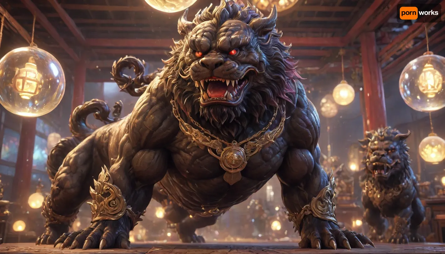 Kyoto Animation stylized anime mixed with tradition Chinese artworks~ A beastly muscular foo dogs, color black latex, look below at viwer, (male and female), at modern cyberpunk fantasy world. Cinematic Lighting, ethereal light, intricate details, extremely detailed, incredible details, full colored, complex details, insanely detailed and intricate, hypermaximalist, extremely detailed with rich colors. masterpiece, best quality, aerial view, HDR, UHD, unreal engine. plump looking at the camera, smooth thighs, (glittery jewelry), ((acrylic illustration, by artgerm, by kawacy, by John Singer Sargenti), dark Fantasy background, glittery jewelry, Representative, fair skin, Rich in details High quality, 8k, super detail, gorgeous light and shadow, detailed decoration, detailed lines), CL_4Guardians, bestialy, (((extremely beastly muscular foo dogs, color black latex))), Rosefinch, Giant_Tortoise, Kylin, cinematic ambient lighting, masterpiece, ((((extremely realistic detailed lighting, extremely realistic detailed shadows, extremely realistic detailed skin texture, extremely realistic detailed skin pores, extremely realistic detailed micro fur, extremely realistic detailed air bubbles, extremely realistic detailed attack position body, extremely realistic detailed attack face, best quality, ultra-detailed, HDR, sharp focus, highest resolution:1.4)))), <lora:CL_4Guardians_XL_v1:2>, <lora:436263_training_data:2>, <lora:niohxlguardiansprt-step00000420:2>, <lora:zqhb:2>, <lora:BubbleXL:1.1>