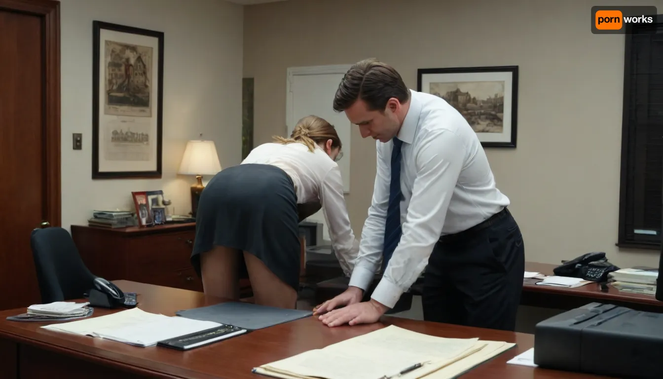 ((1 Secretary and a 1 man)), (((Man fuck the secretary from behind bend over the office desk))), look in side view